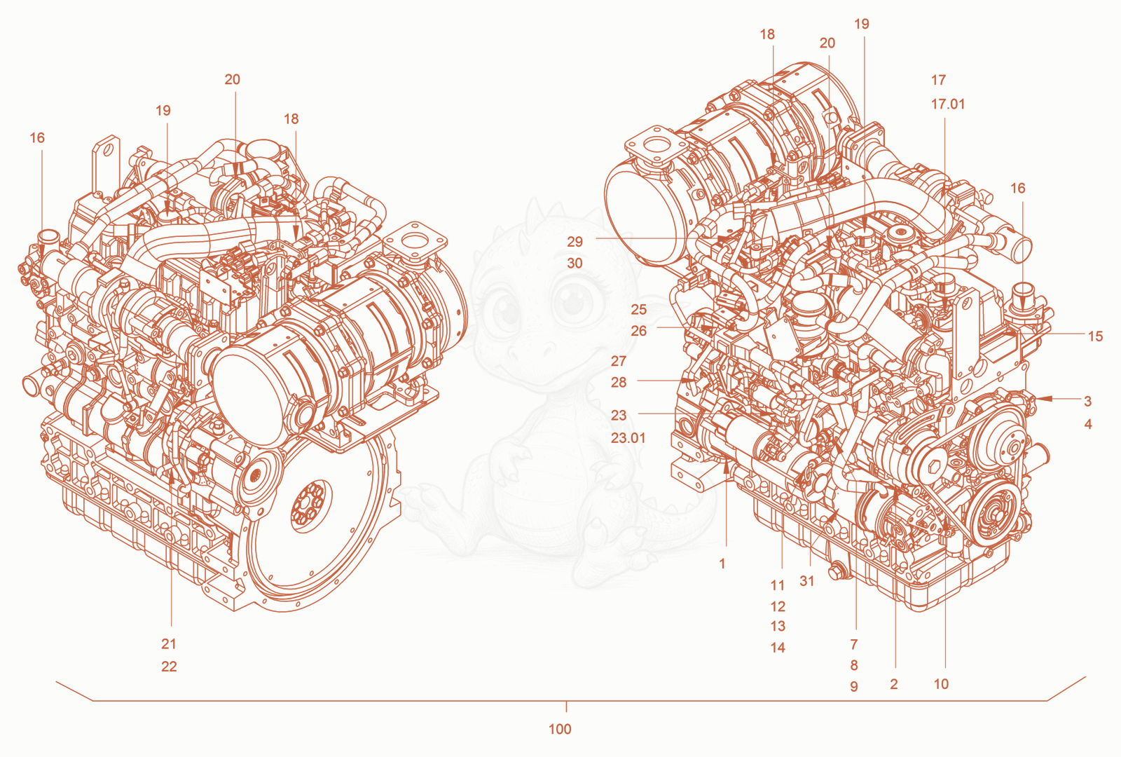 Exploded parts diagram of the Pump Drive and Engine Assembly of a Wacker Neuson RC70VOUS, with numbered balloons