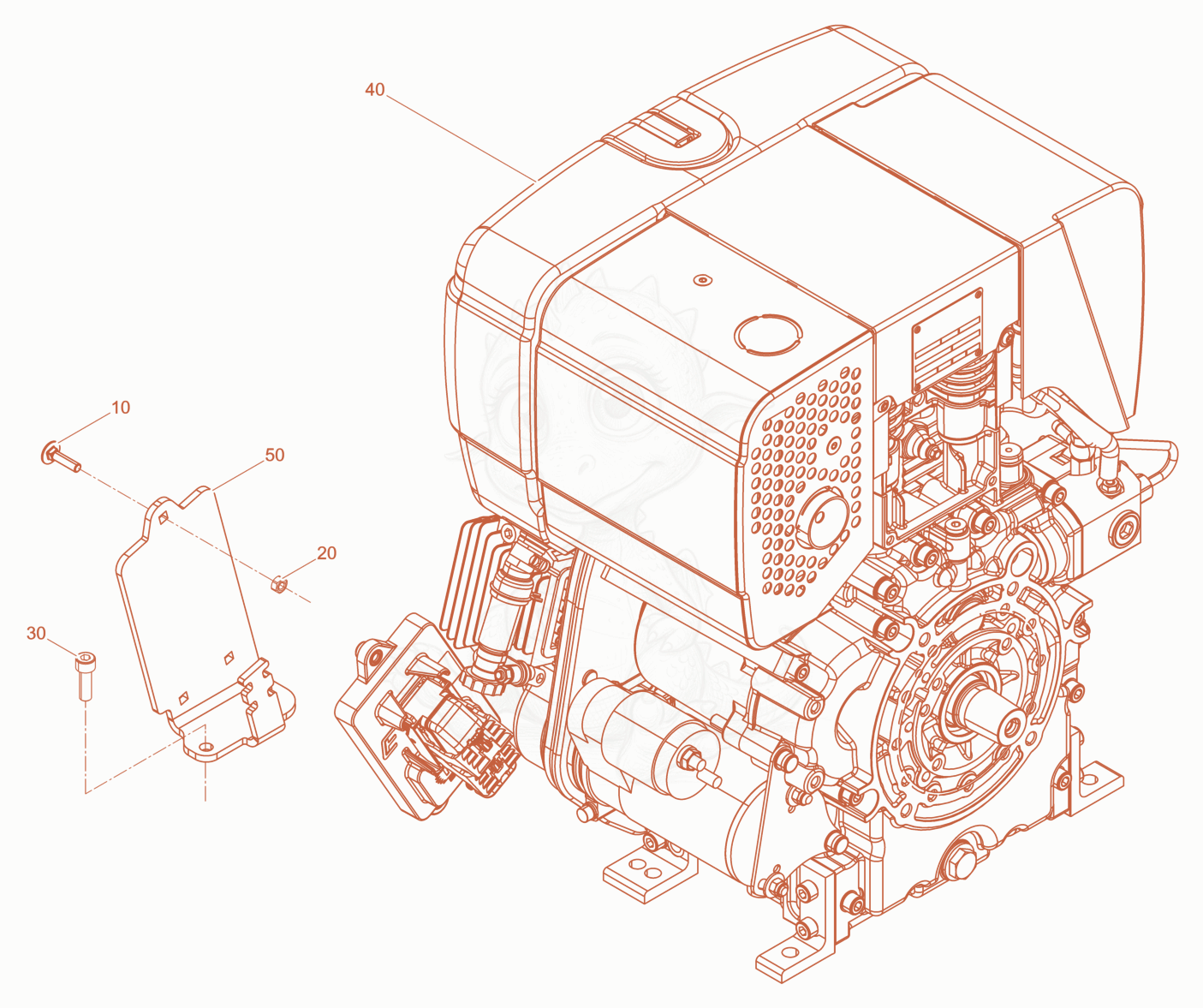 Exploded parts diagram of the Diesel engine 1B50E of a Wacker Neuson DPU5260HEHB+US, with numbered balloons
