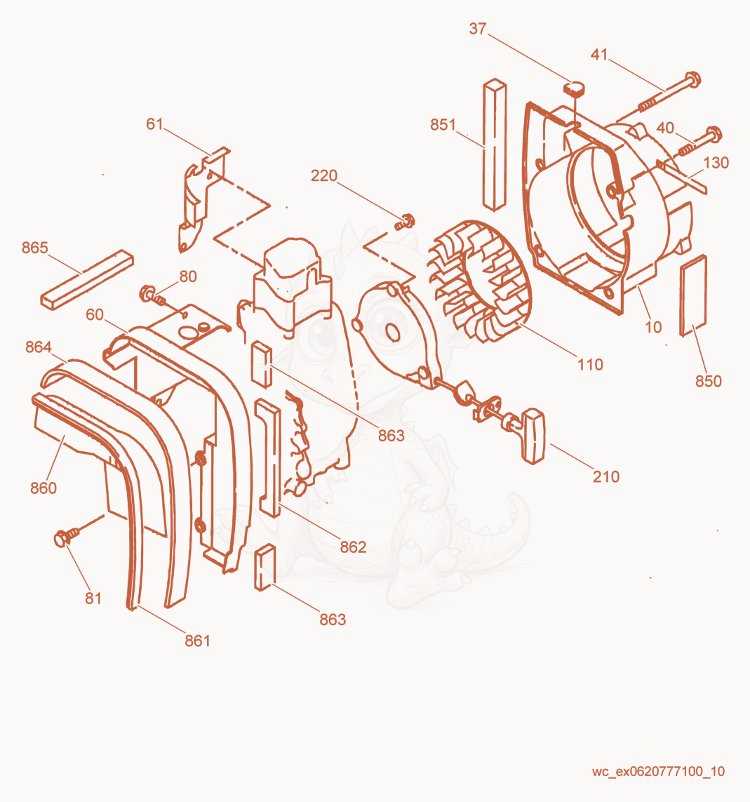 Despiece del Flywheel/Blower Housing de una máquina Wacker Neuson GPI1700, con globos numerados