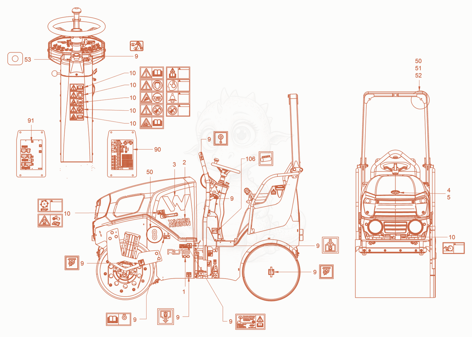 Exploded parts diagram of the sticker arrangement of a Wacker Neuson RD18-100C, with numbered balloons