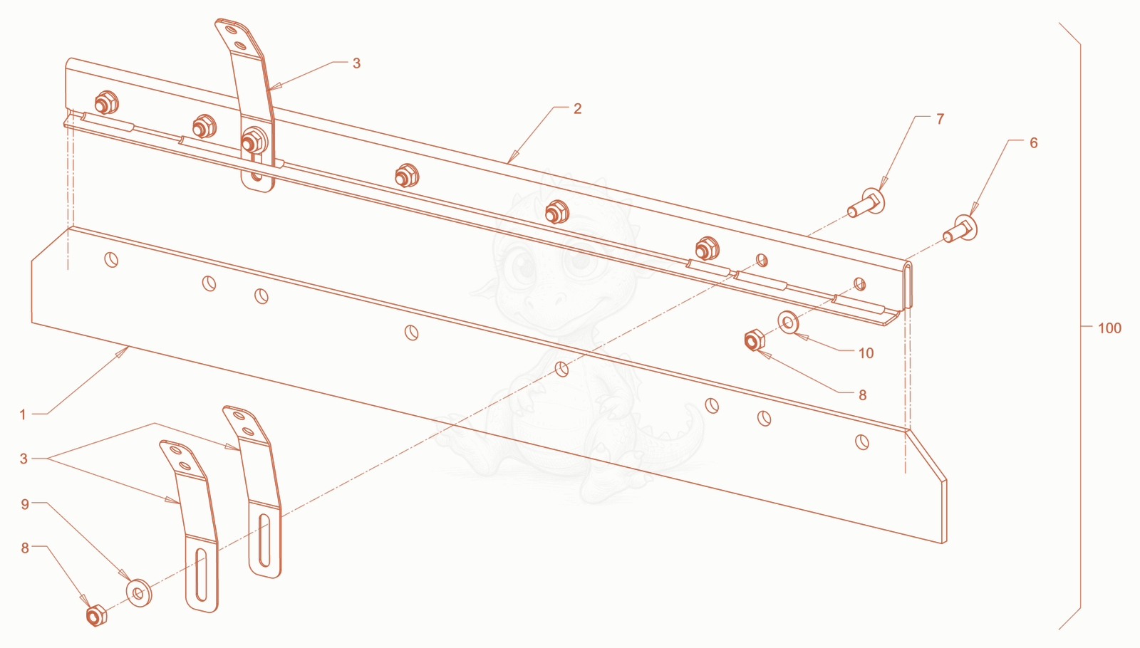 Exploded parts diagram of the scraper of a Wacker Neuson RD18-100C.3, with numbered balloons