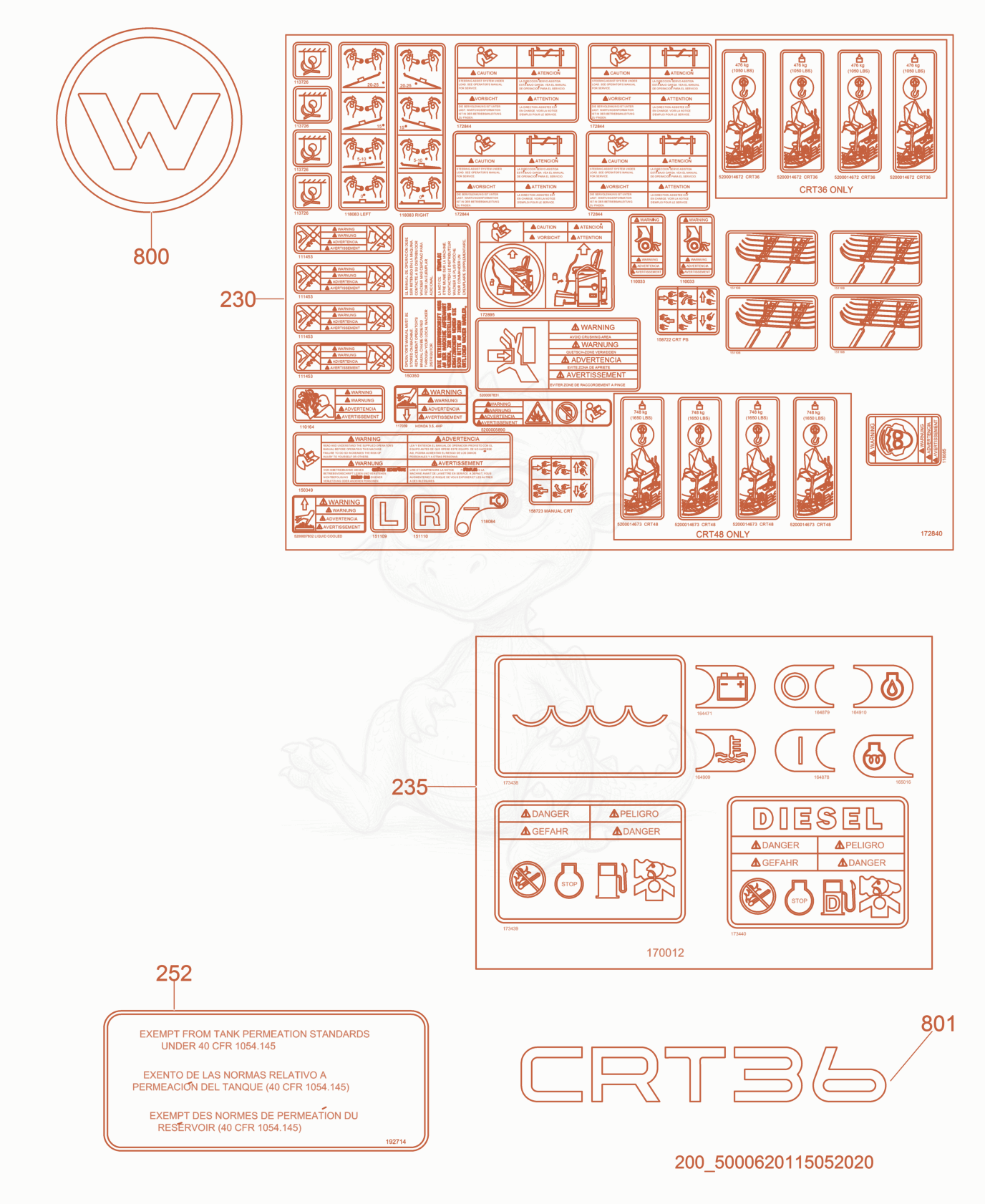 Exploded parts diagram of the Labels of a Wacker Neuson CRT36-25, with numbered balloons