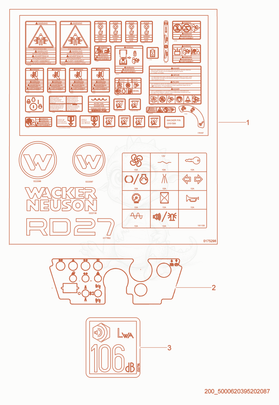 Exploded parts diagram of the Labels of a Wacker Neuson RD27-120, with numbered balloons