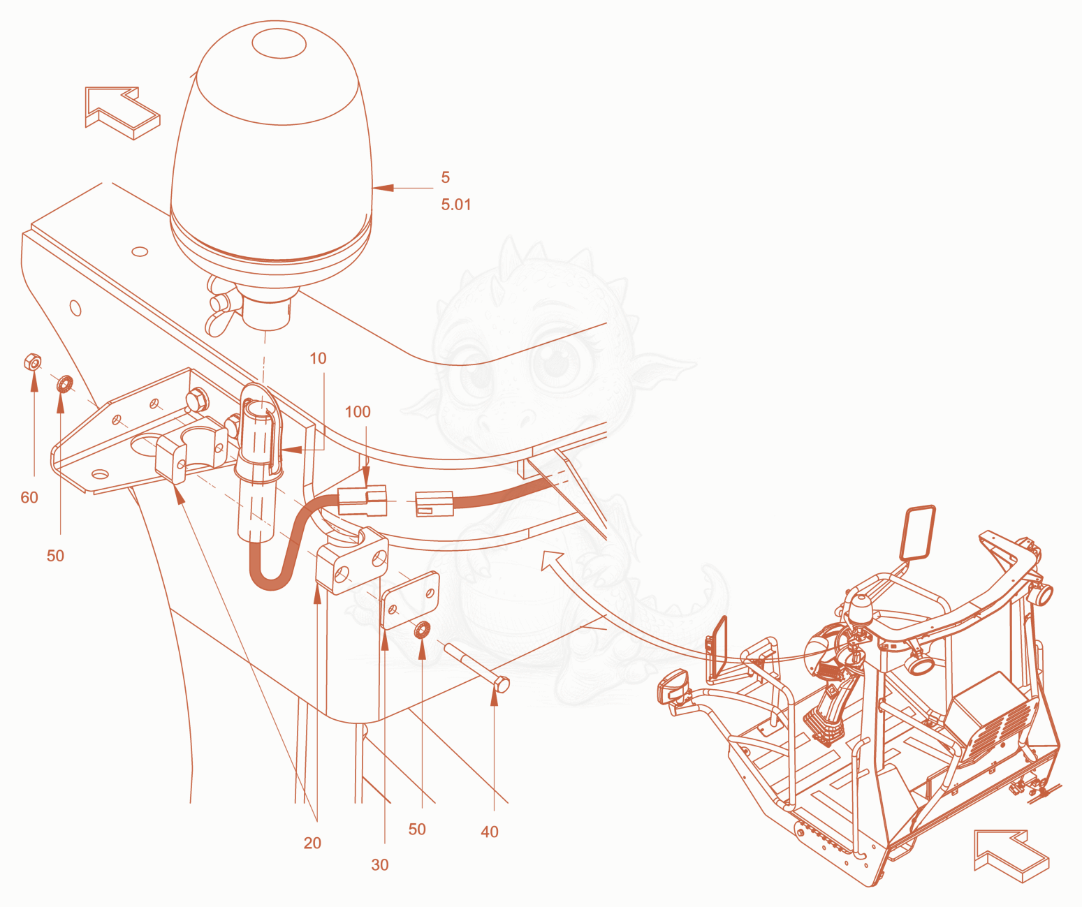 Exploded parts diagram of the rotary beacon of a Wacker Neuson RC110PUSROPS, with numbered balloons