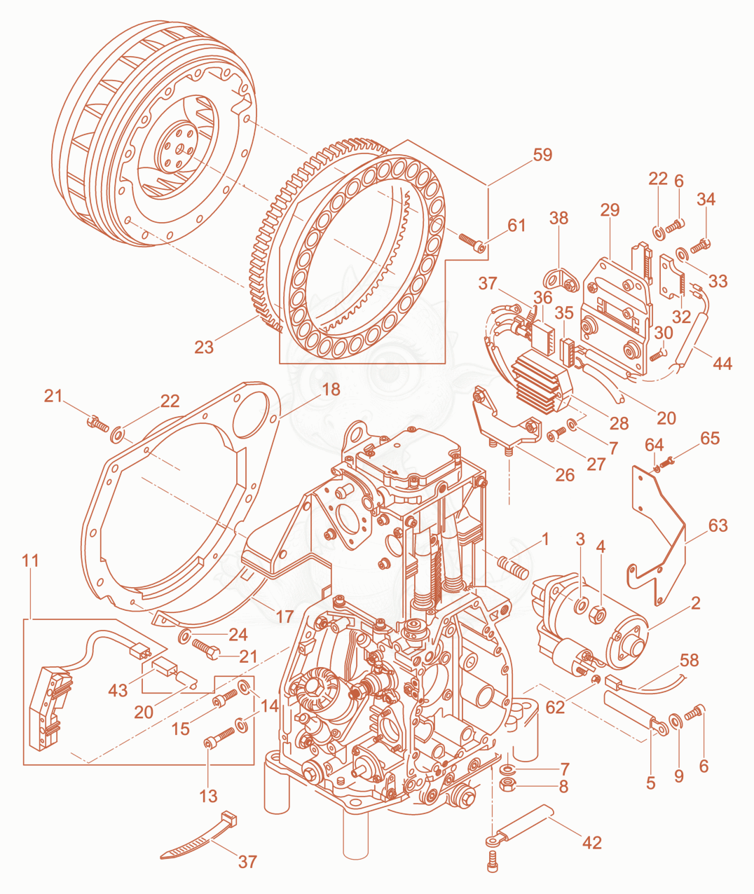Exploded parts diagram of the Starter, Generator of a Wacker Neuson DPU6555HECS, with numbered balloons