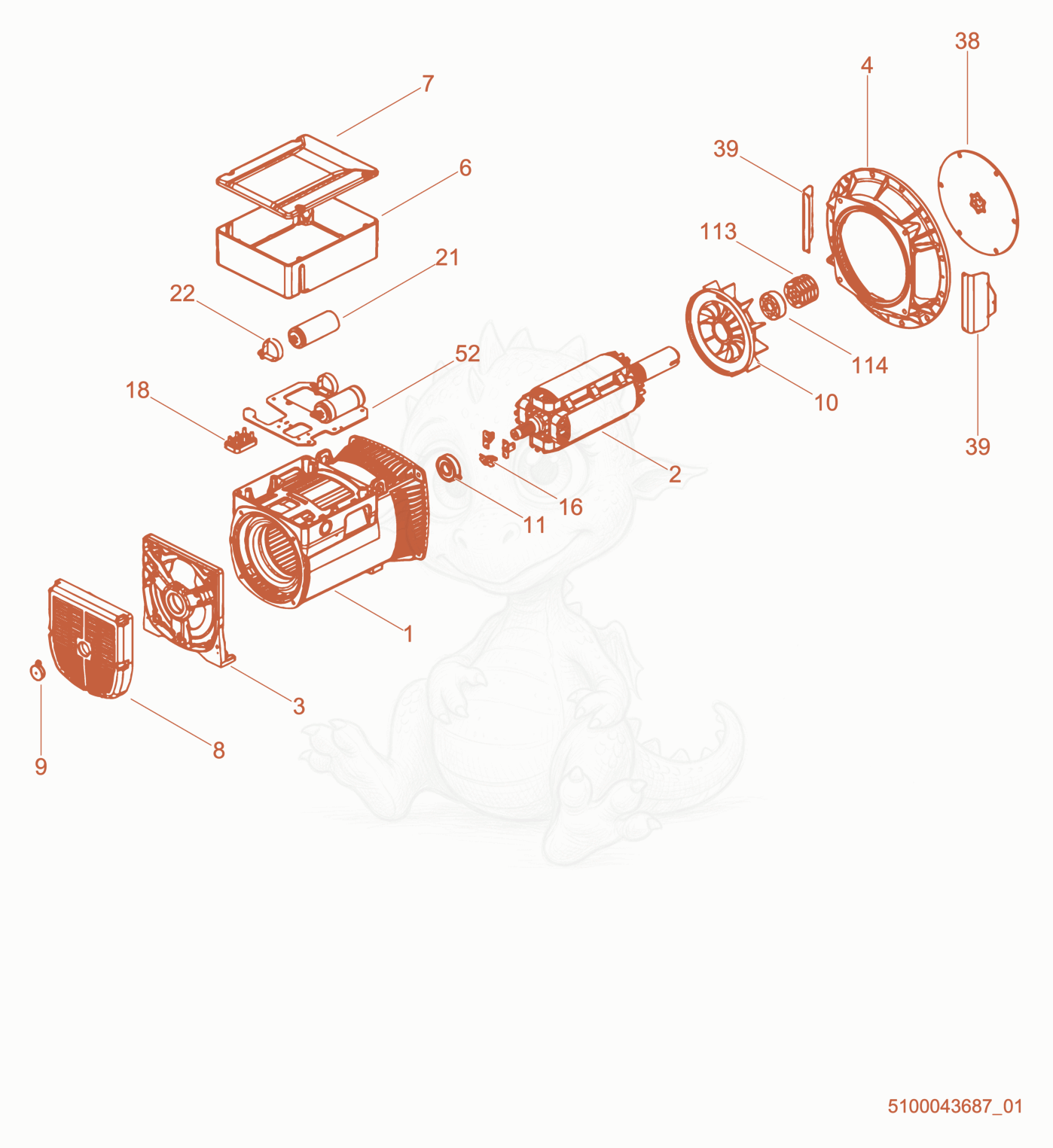 Exploded parts diagram of the Generator cpl. of a Wacker Neuson LTS8L, with numbered balloons