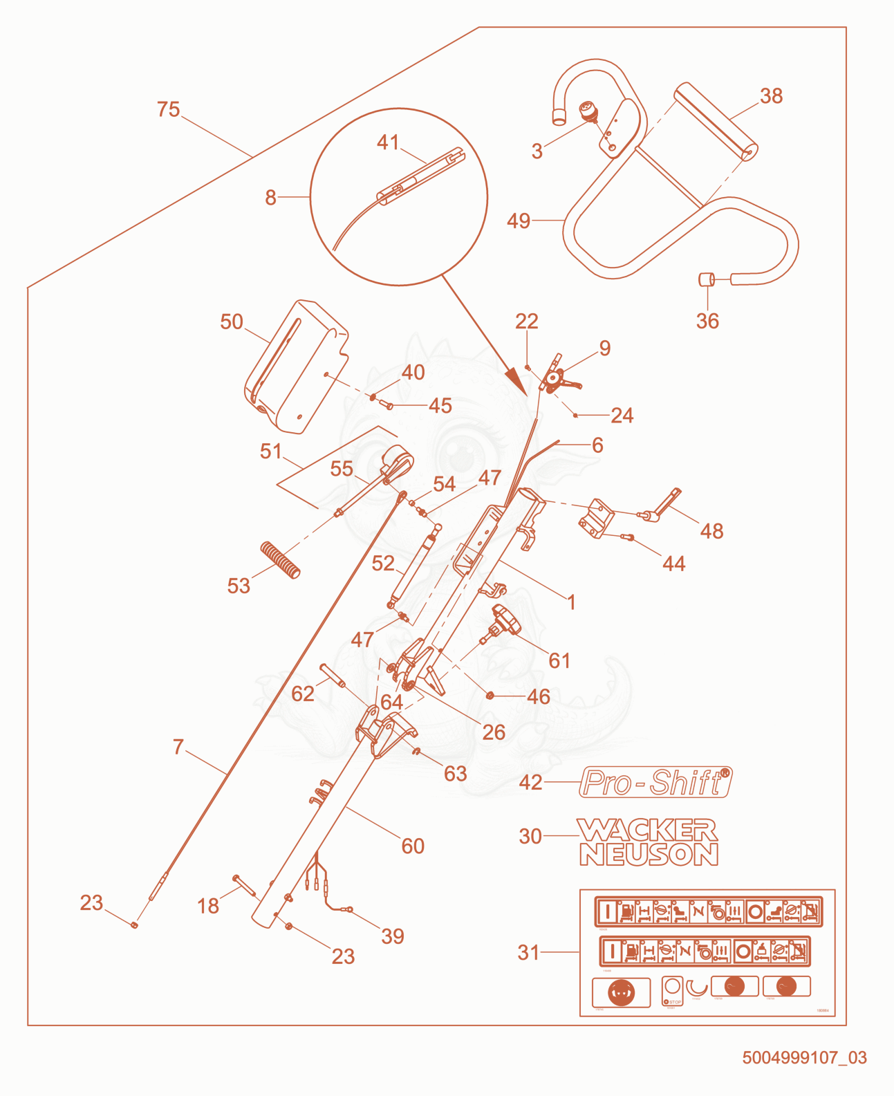 Exploded parts diagram of the Folding Adjustable Pro-Shift®Trowel Handle-EU of a Wacker Neuson CT48-13A-V, with numbered balloons