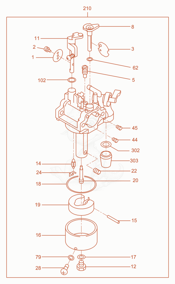 Despiece del Carburetor cpl. de una máquina Wacker Neuson GH3500, con globos numerados