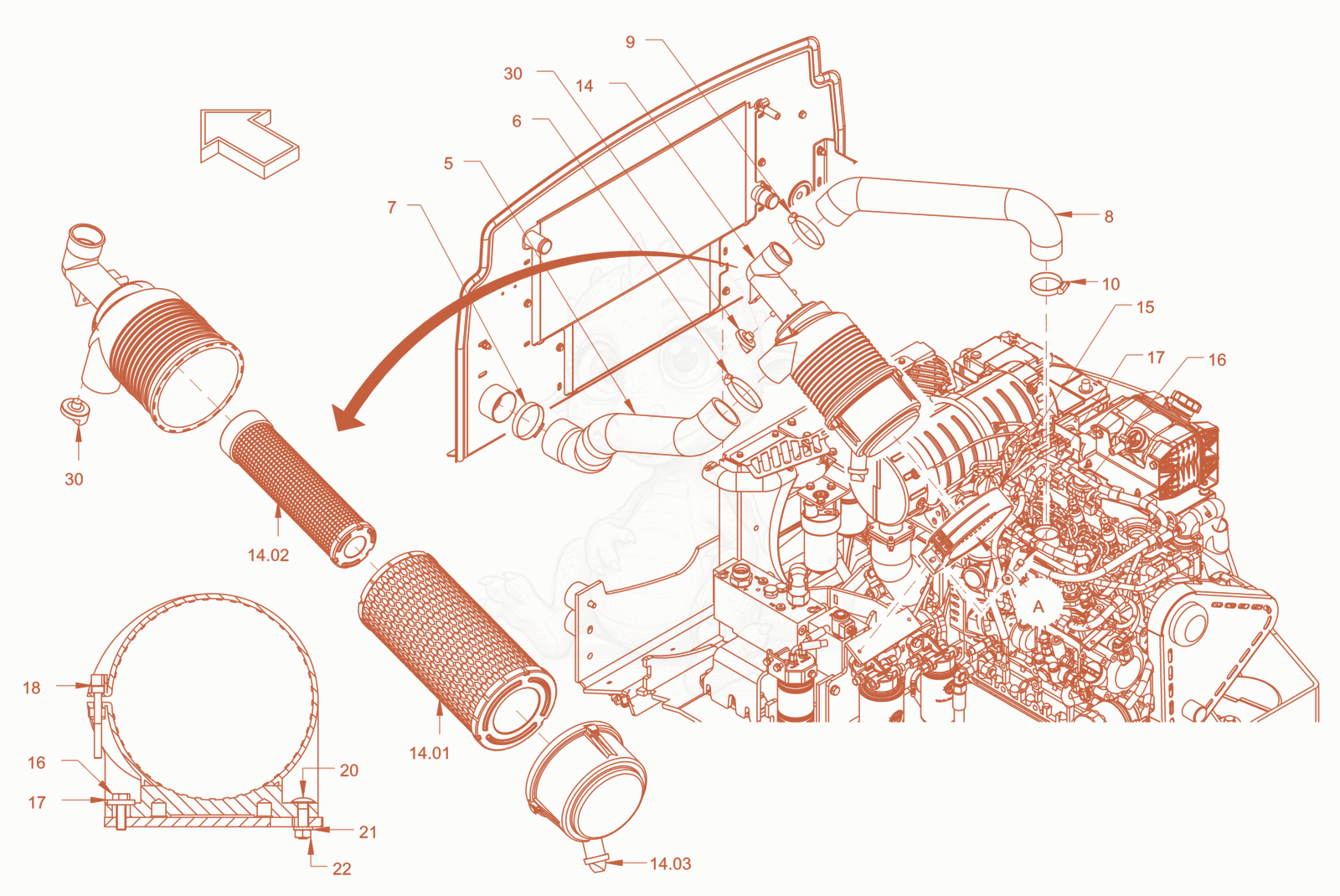 Exploded parts diagram of the Air filter system of a Wacker Neuson RD45-140, with numbered balloons
