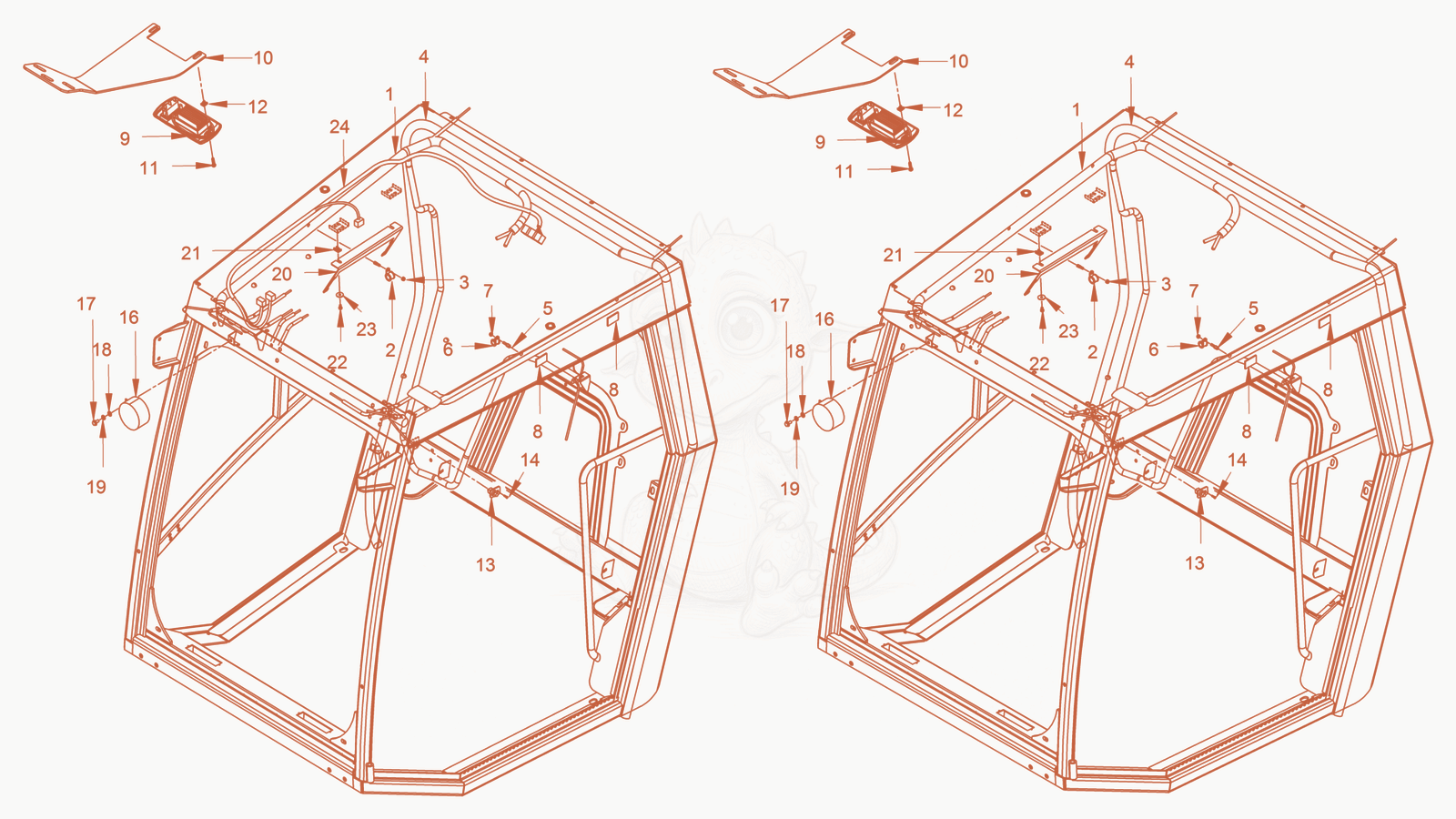 Exploded parts diagram of the driver's cabin of a Wacker Neuson RC110P, with numbered balloons