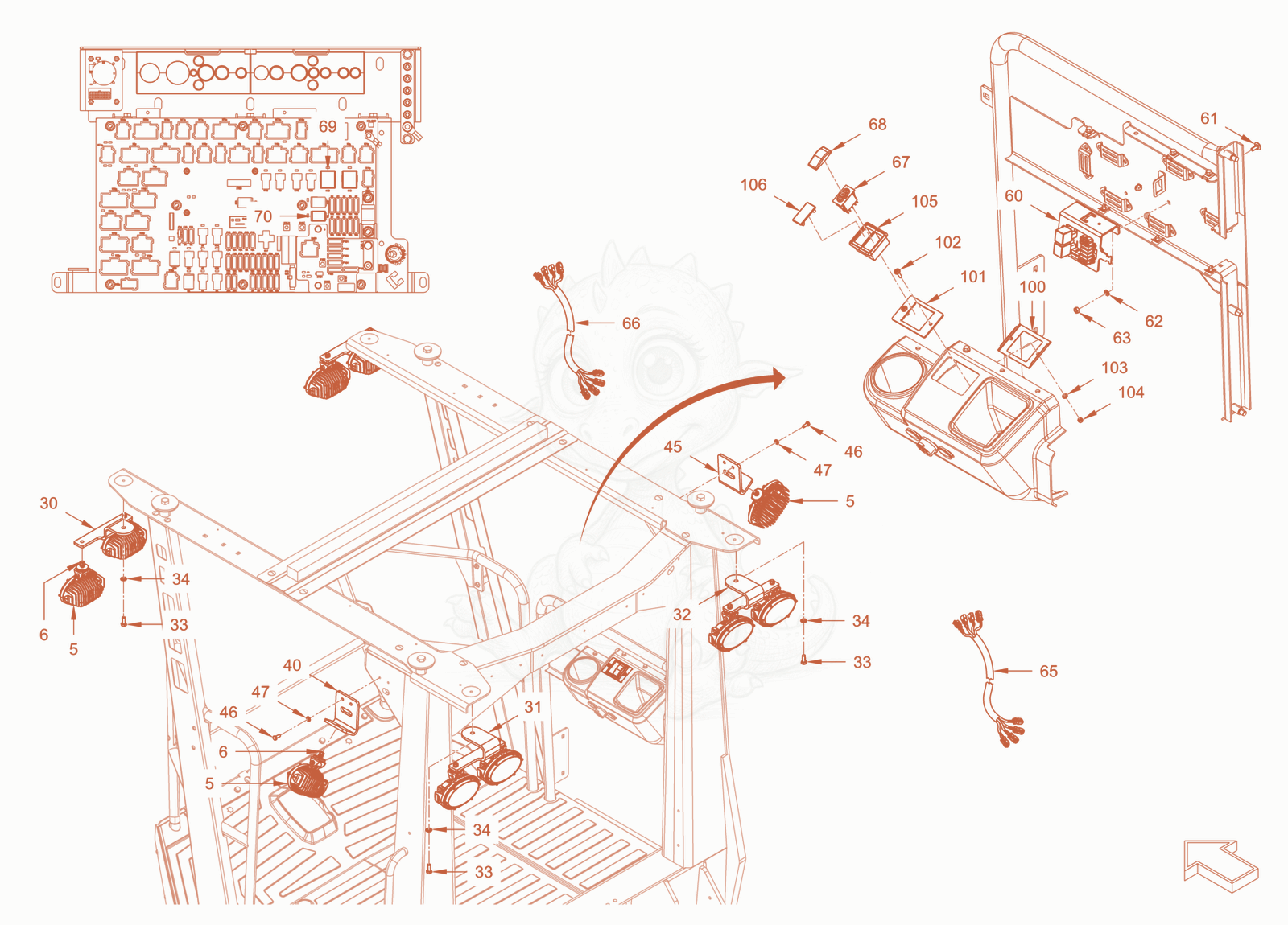 Exploded parts diagram of the additional lighting of a Wacker Neuson RC110CAB, with numbered balloons