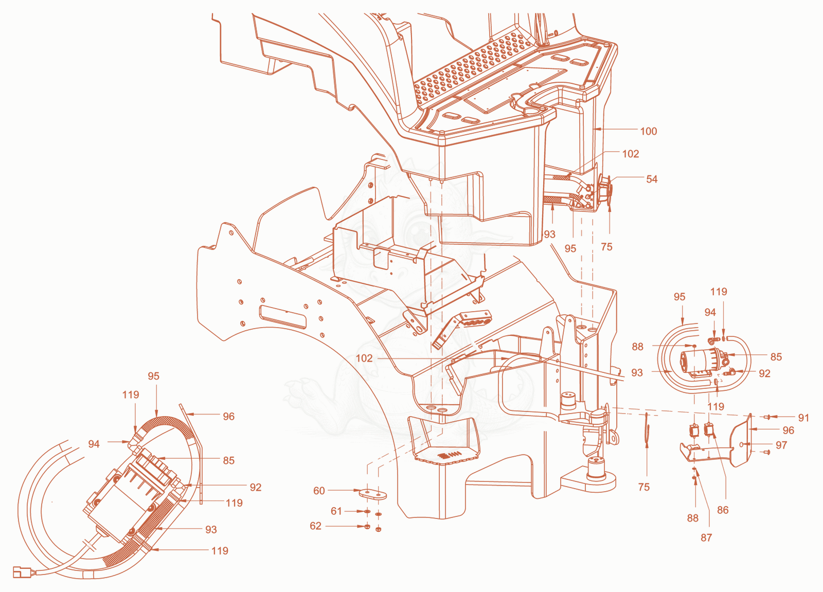 Exploded parts diagram of the sprinkling of a Wacker Neuson RD45-140CUS, with numbered balloons