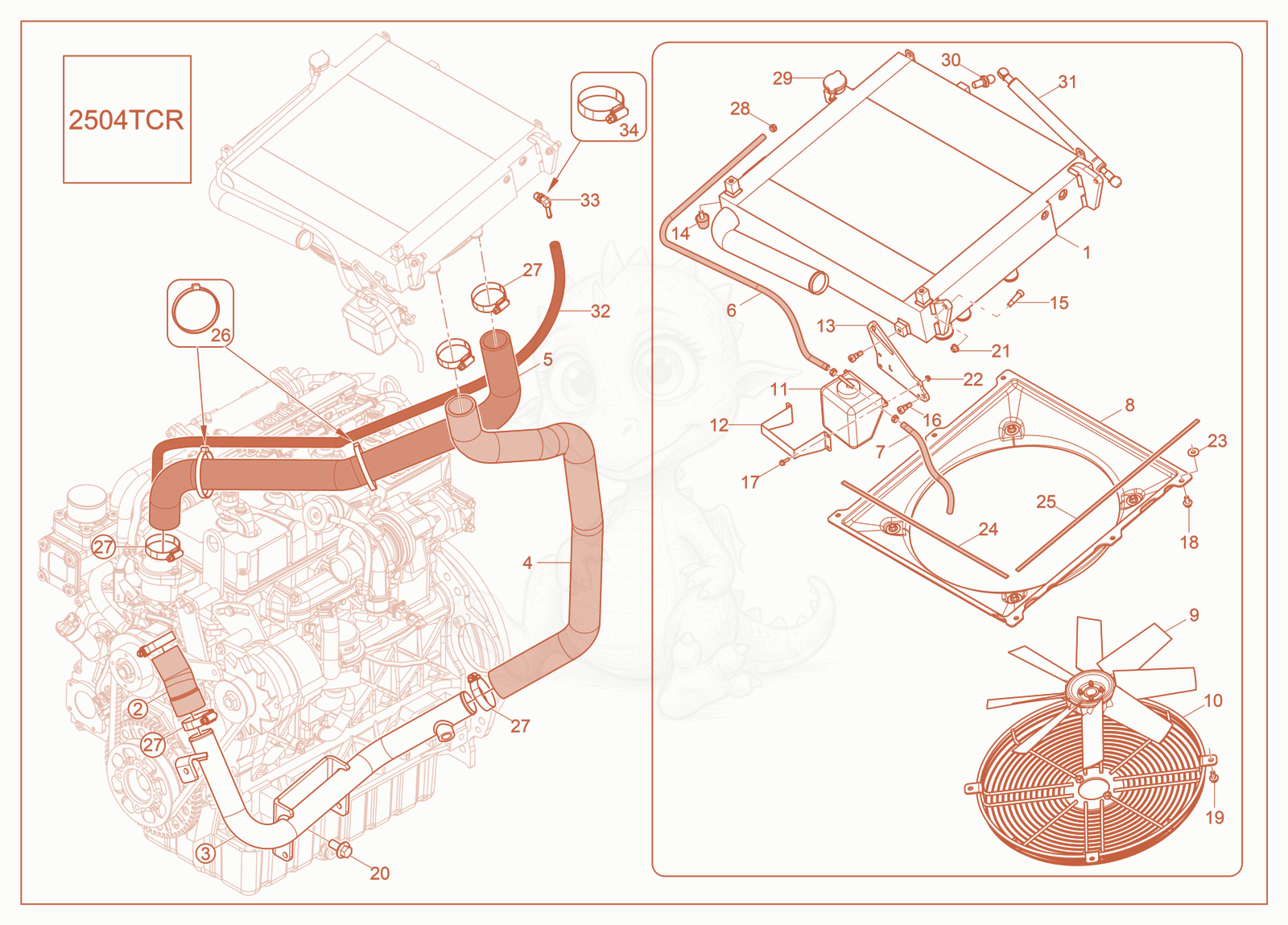 Despiece del Cooler de una máquina Wacker Neuson ST31(S05-6), con globos numerados