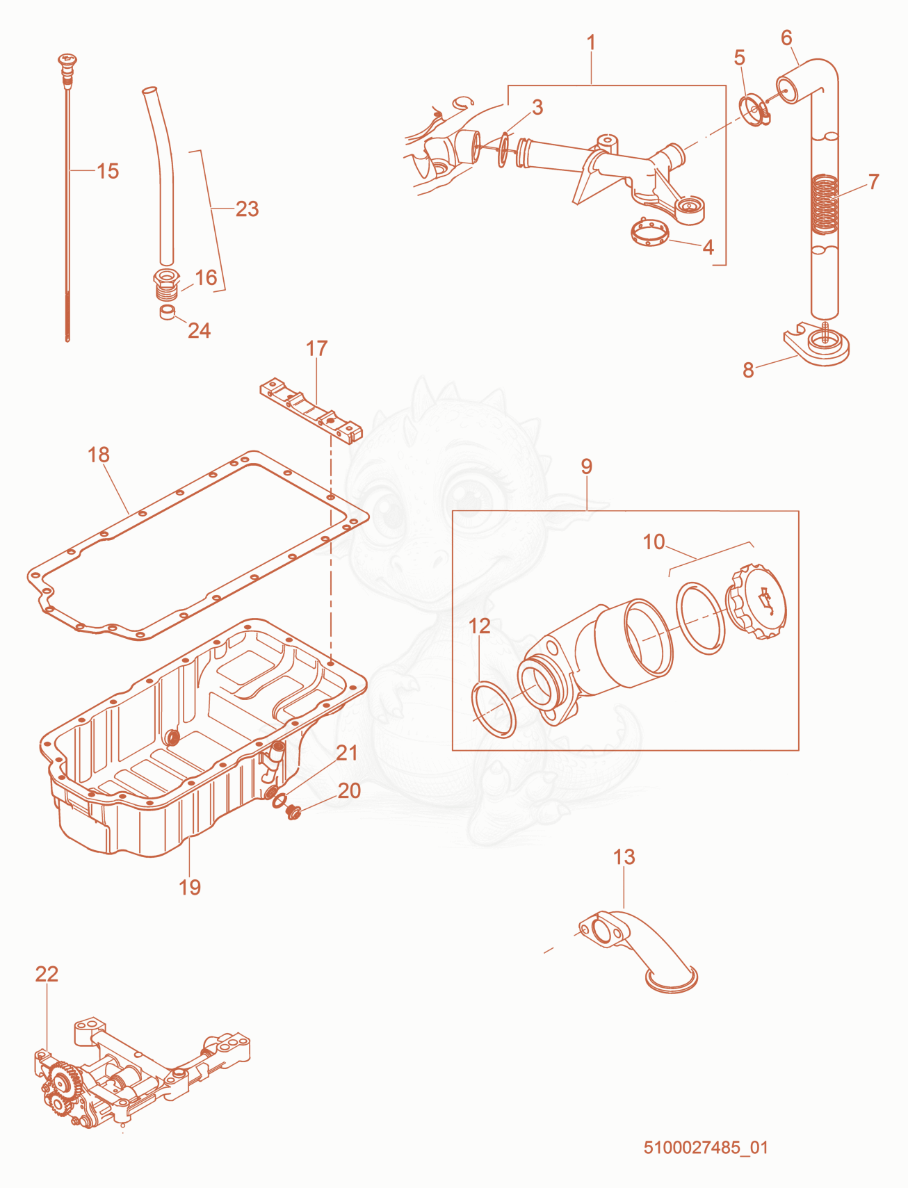 Exploded parts diagram of the Dipstick/Oil Pump of a Wacker Neuson G50, with numbered balloons