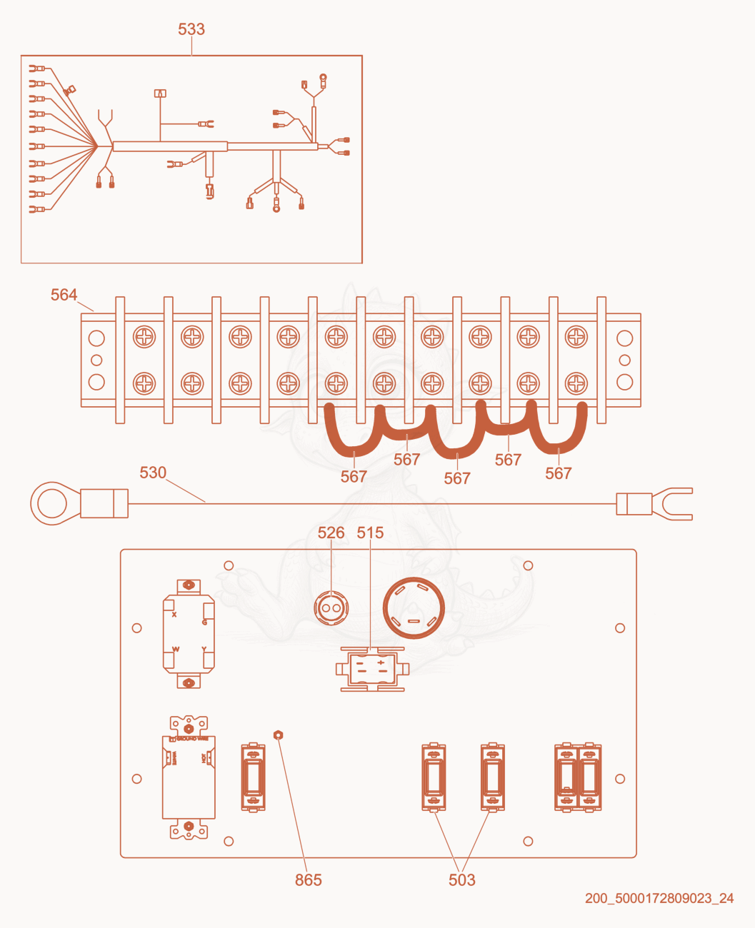Exploded parts diagram of the Wiring Harness/Control Panel of a Wacker Neuson LTN6K, with numbered balloons