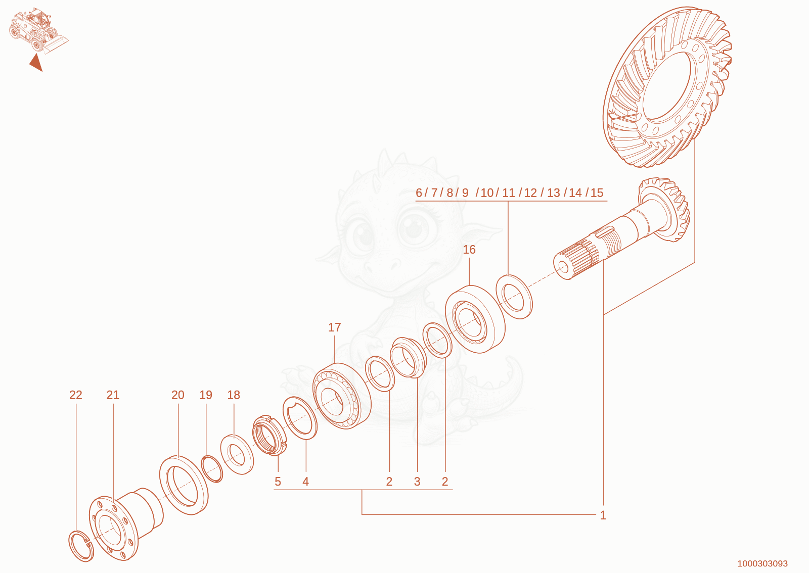 Exploded parts diagram of the angle drive of a Wacker Neuson TH955(416-36), with numbered balloons