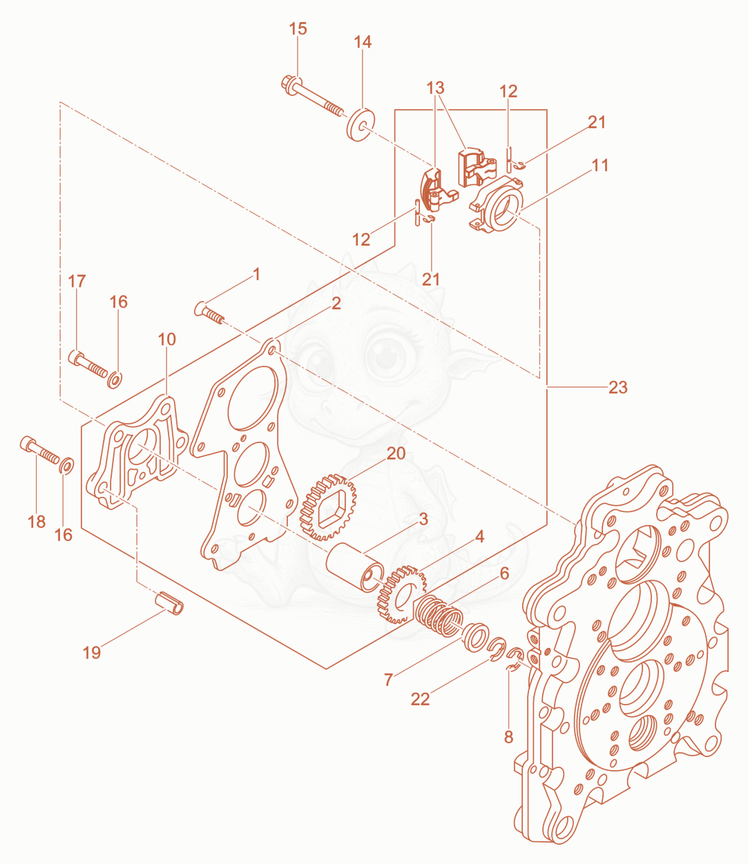 Exploded parts diagram of the Oil pump, Governor of a Wacker Neuson DPU6555HES, with numbered balloons