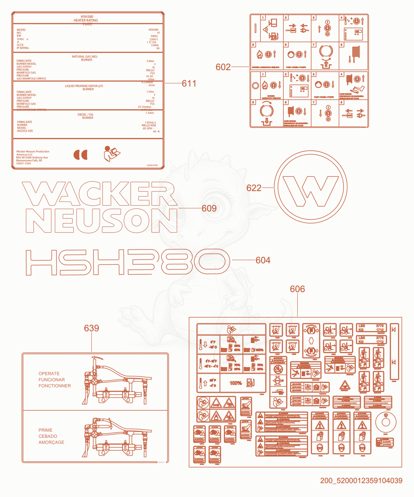 Exploded parts diagram of the Label of a Wacker Neuson HSH380B, with numbered balloons
