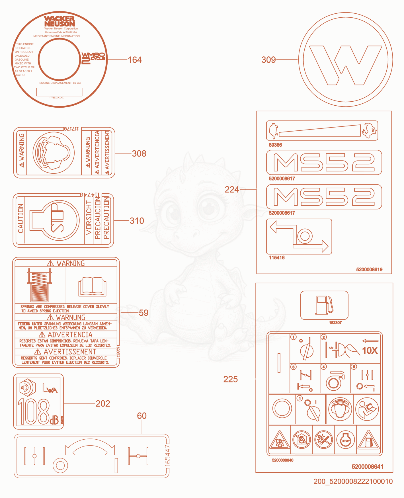 Exploded parts diagram of the Labels of a Wacker Neuson MS52, with numbered balloons