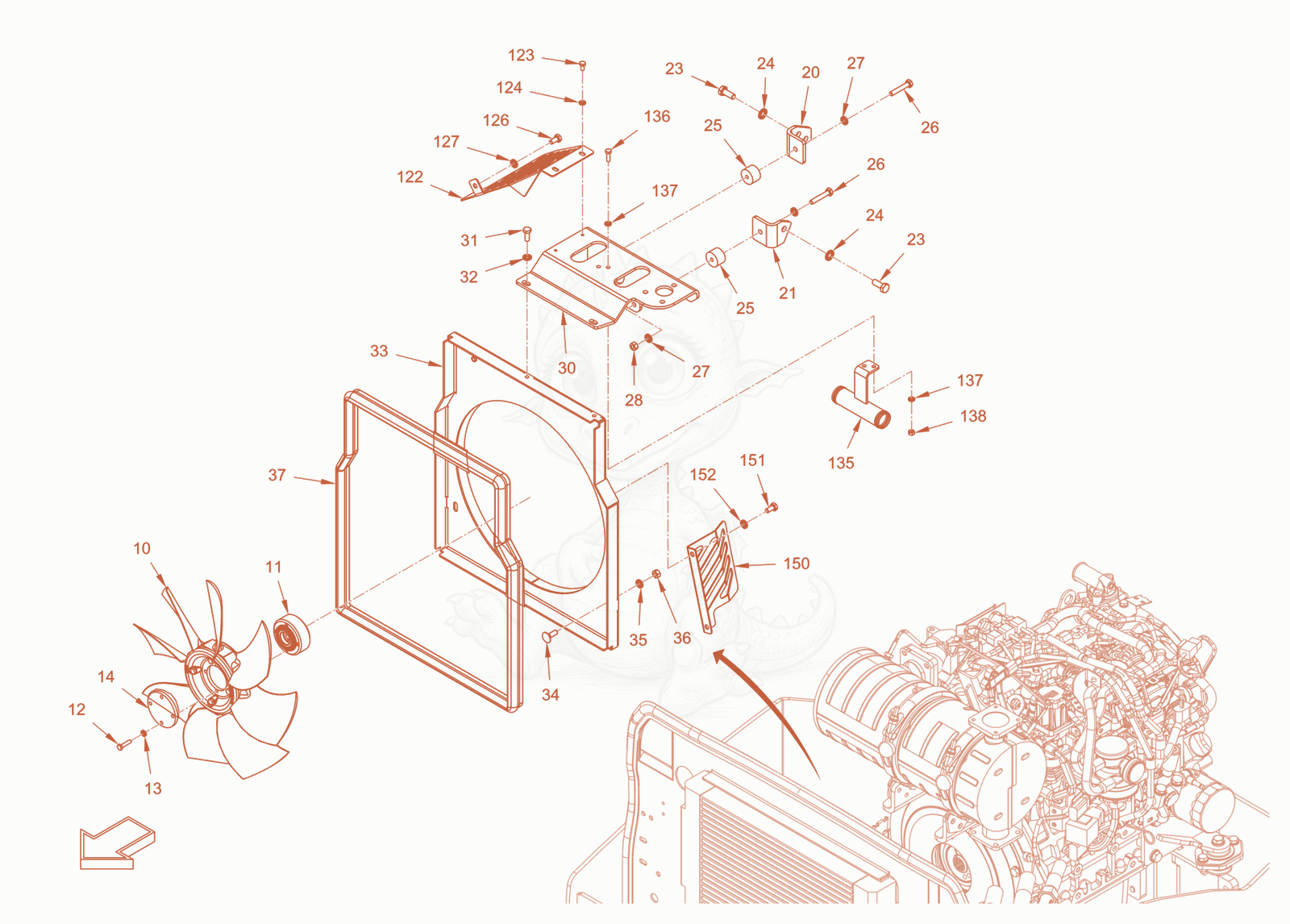 Exploded parts diagram of the cooling (engine/hydraulic oil) of a Wacker Neuson RD28-120DPF, with numbered balloons