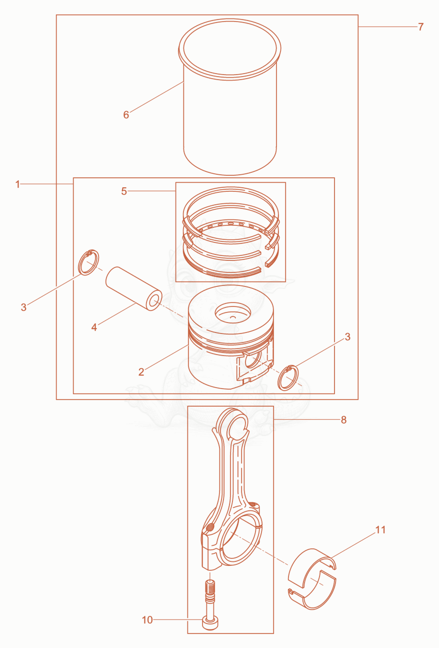 Exploded parts diagram of the Piston, Connecting rod, Cylind of a Wacker Neuson DPS1850HASPHALT, with numbered balloons