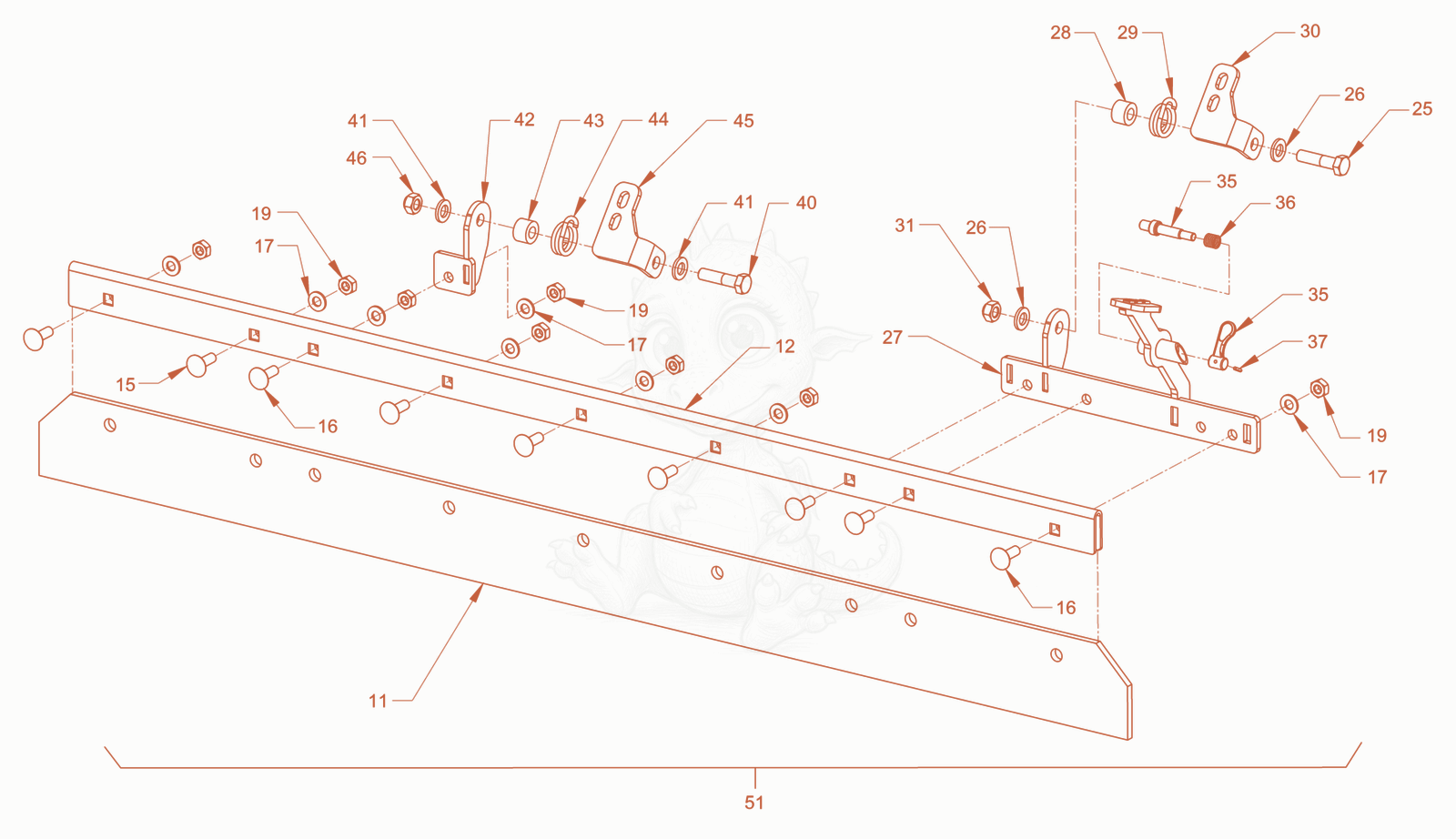 Exploded parts diagram of the foldable scraper of a Wacker Neuson RD45-140DPF, with numbered balloons