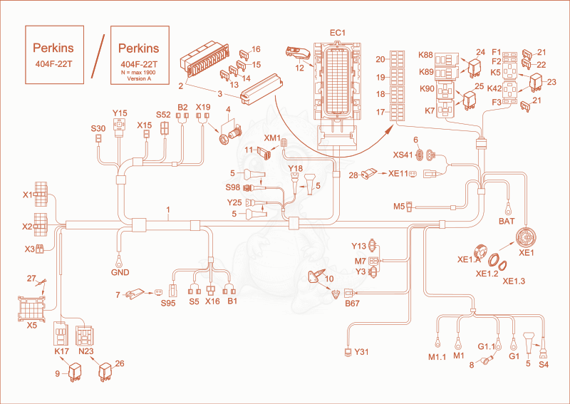 Exploded parts diagram of the wire harness chassis, engine of a Wacker Neuson EZ53, with numbered balloons