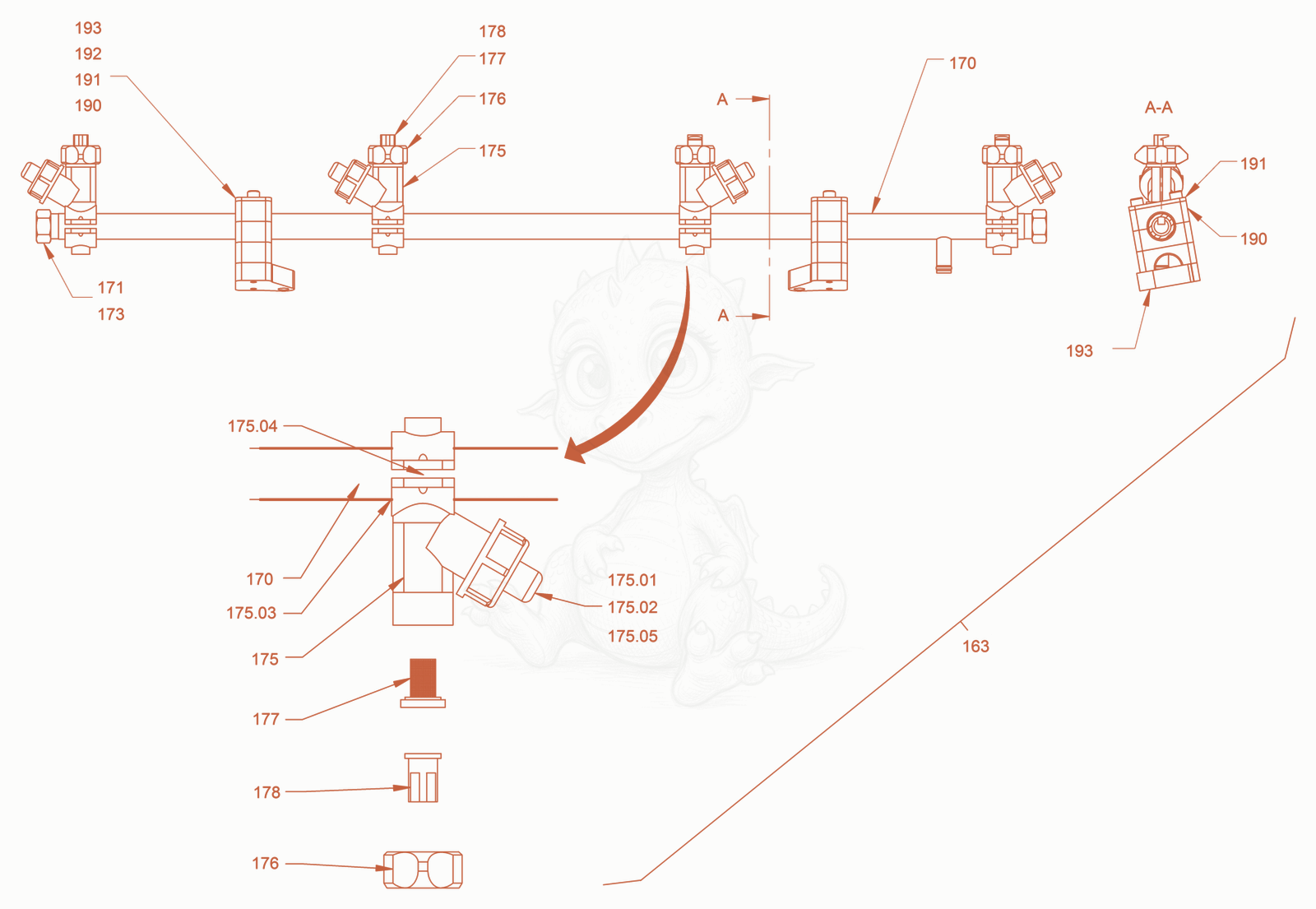 Exploded parts diagram of the sprinkling of a Wacker Neuson RD18-100C, with numbered balloons