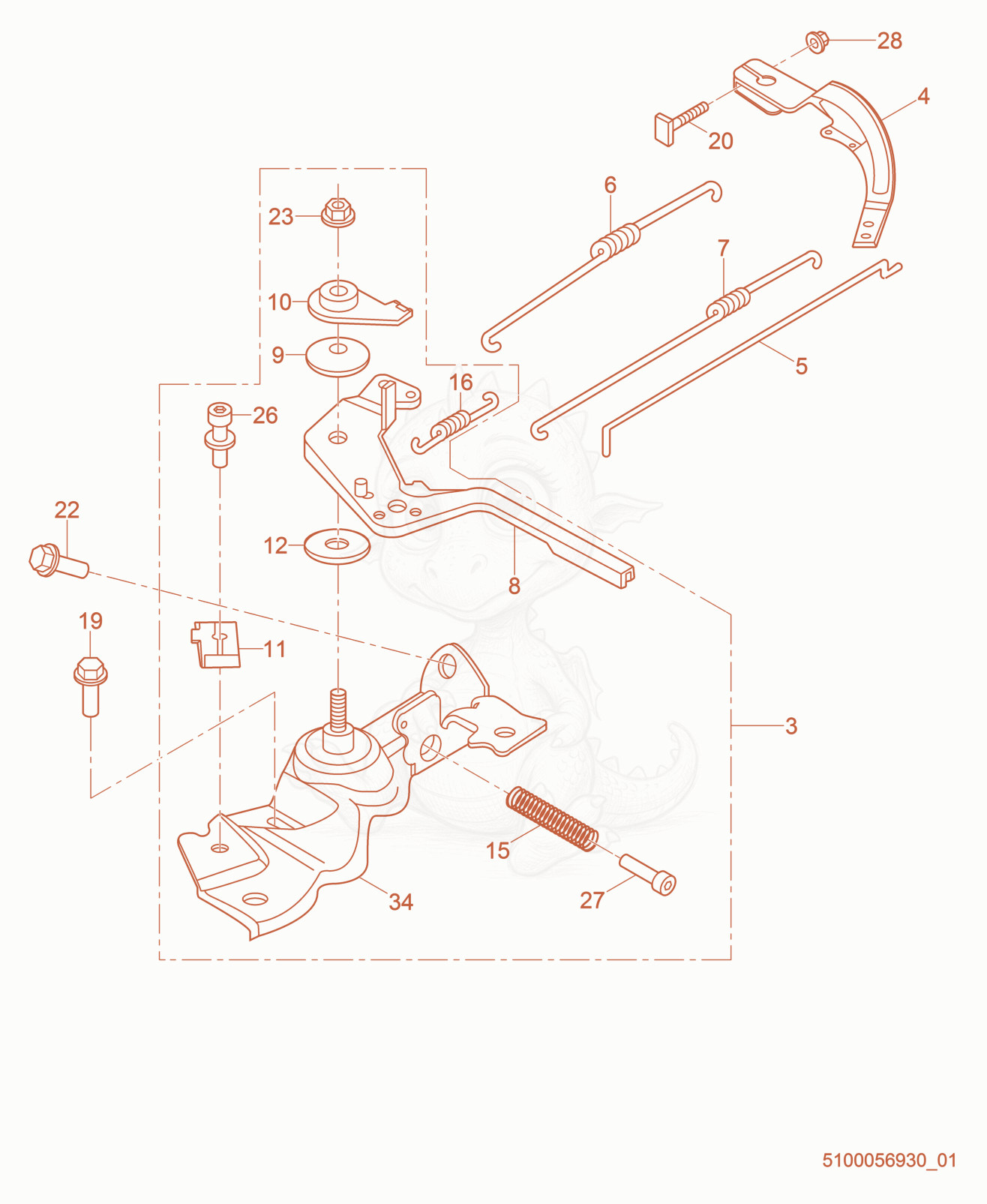 Despiece del Throttle Control cpl. de una máquina Wacker Neuson PDT3A, con globos numerados