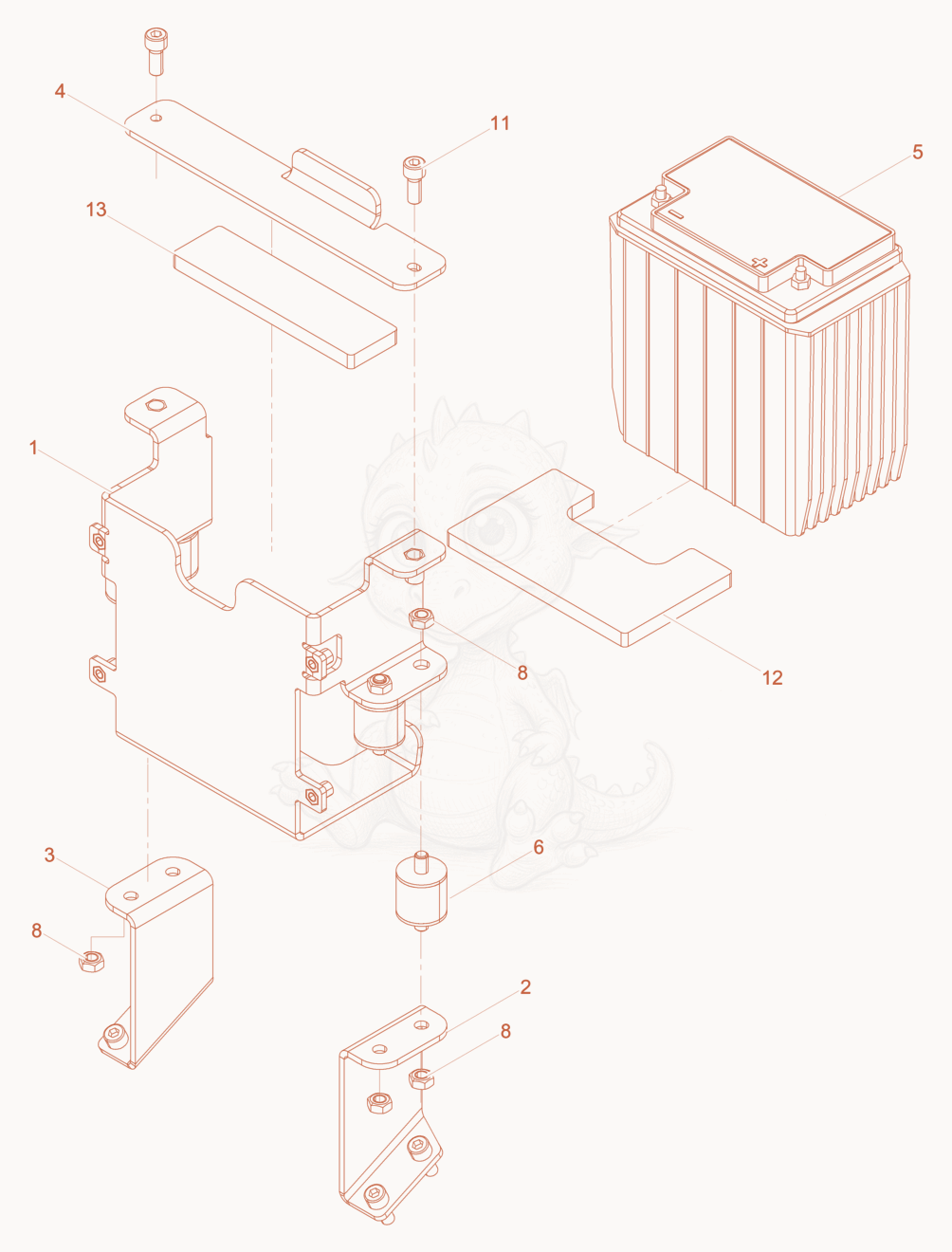 Exploded parts diagram of the Battery mounting of a Wacker Neuson DPU3050HE, with numbered balloons