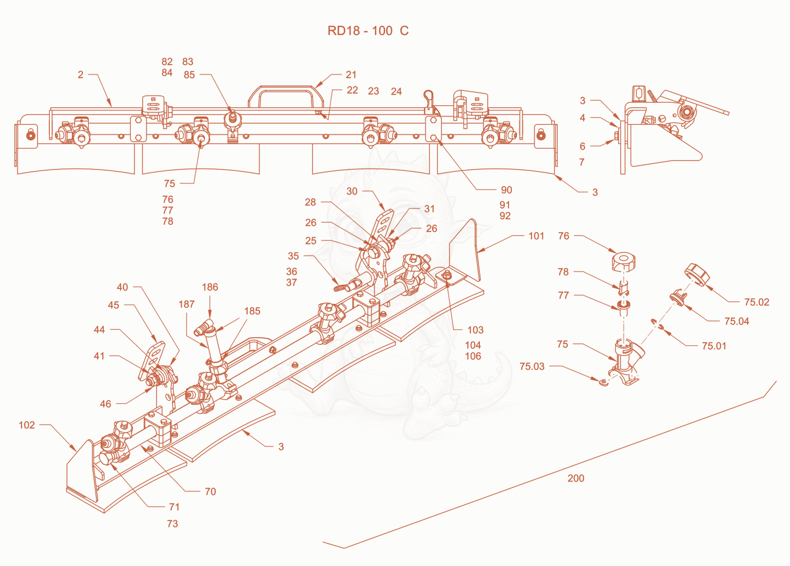 Exploded parts diagram of the scraper (tires) of a Wacker Neuson RD18-100C, with numbered balloons