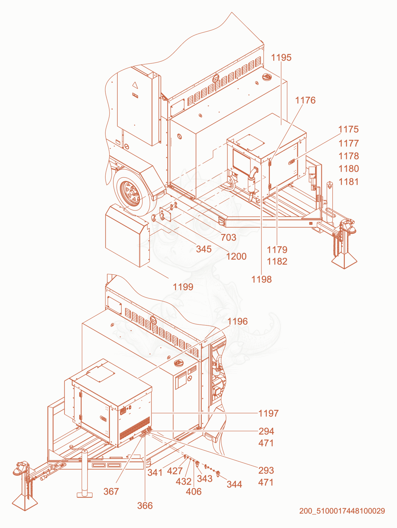 Exploded parts diagram of the Genset Enclosure cpl. of a Wacker Neuson E3000, with numbered balloons