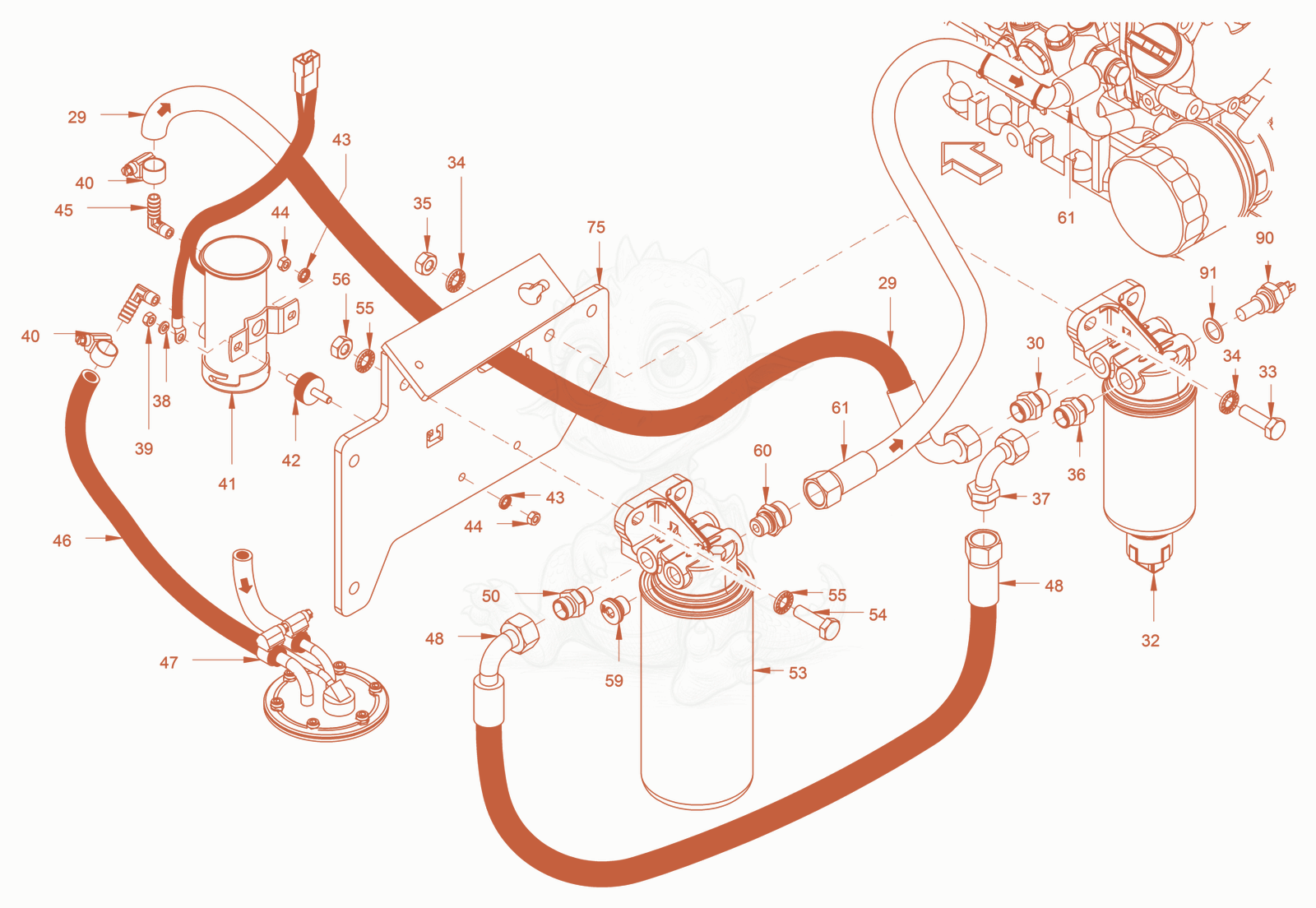 Exploded parts diagram of the fuel system of a Wacker Neuson RD45-140OUS, with numbered balloons