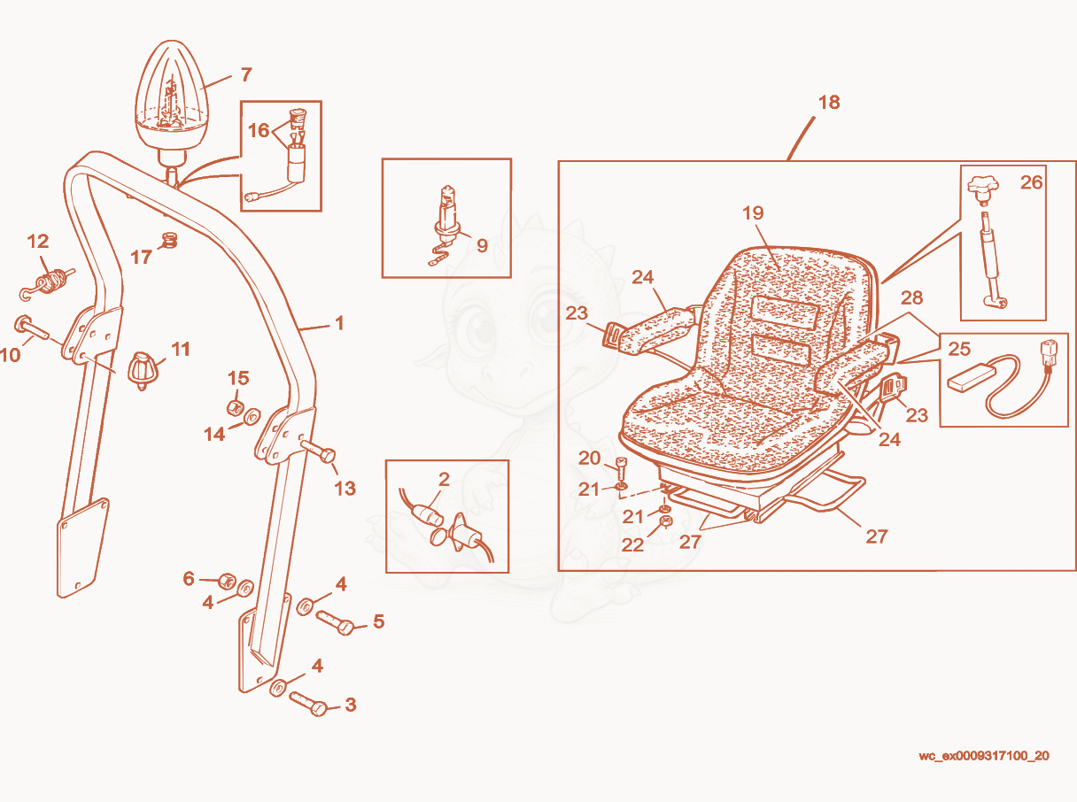 Exploded parts diagram of the ROPS Protection/Seat Unit of a Wacker Neuson RD25, with numbered balloons