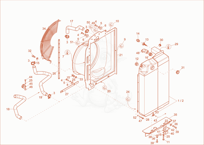 Exploded parts diagram of the combicooler of a Wacker Neuson EZ80, with numbered balloons