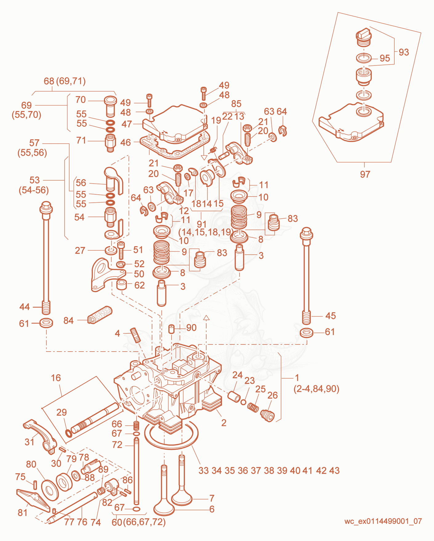 Despiece del Cylinder Head de una máquina Wacker Neuson RD7H-ESEU, con globos numerados