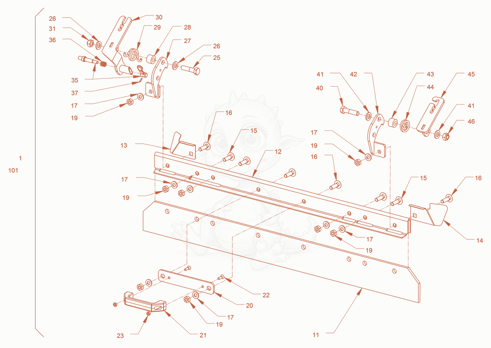 Exploded parts diagram of the scraper of a Wacker Neuson RD24-100OUS, with numbered balloons