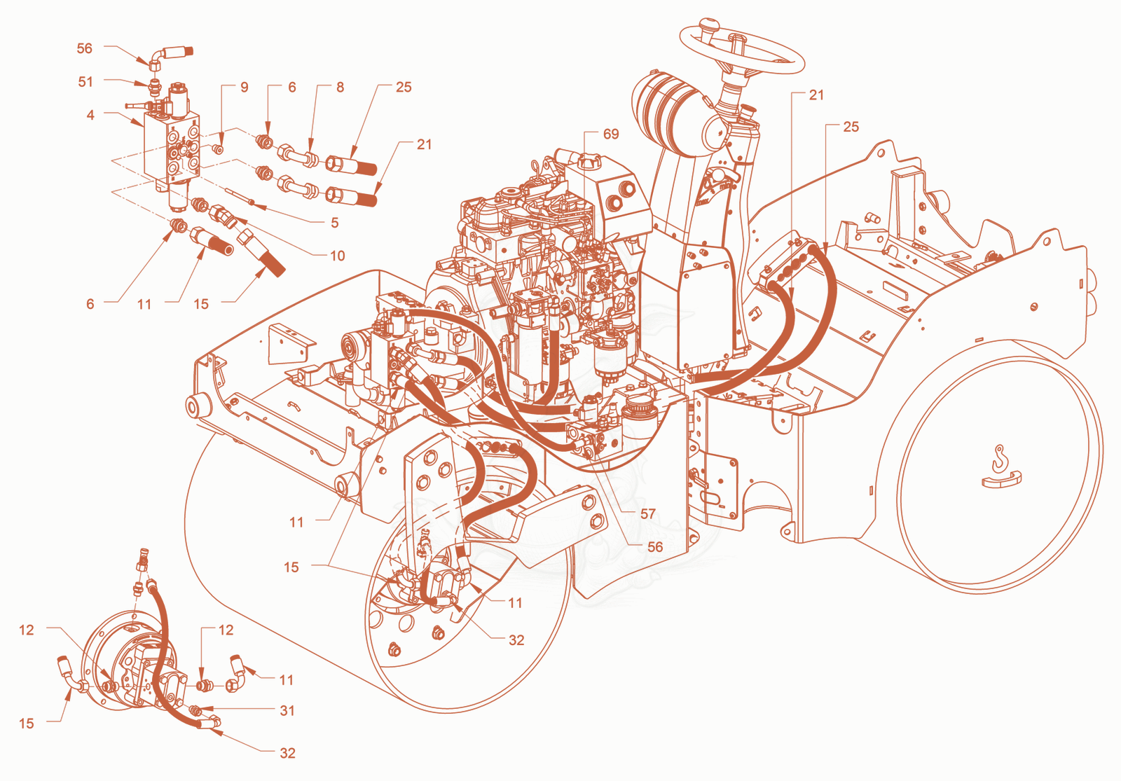 Exploded parts diagram of the vibration drive of a Wacker Neuson RD18-80, with numbered balloons