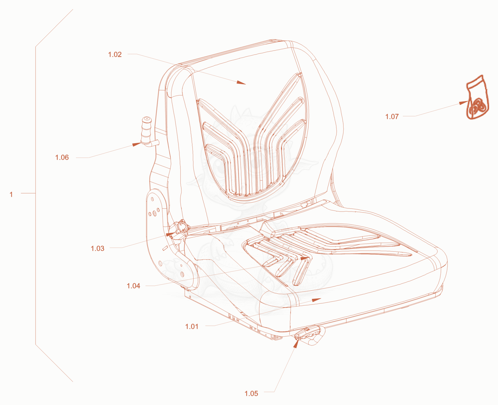 Exploded parts diagram of the operator's seat with adjustment of a Wacker Neuson RD18-100C.3, with numbered balloons