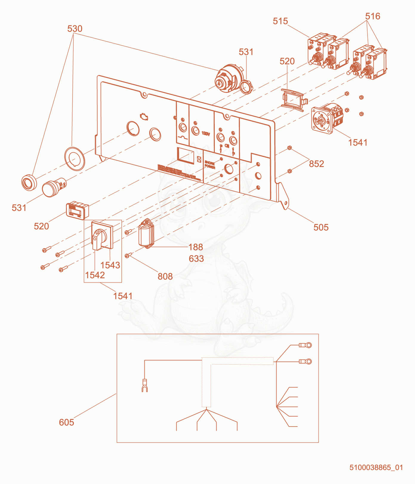 Exploded parts diagram of the Option-Control Panel, Shore Power (LED) of a Wacker Neuson LTV6K, with numbered balloons