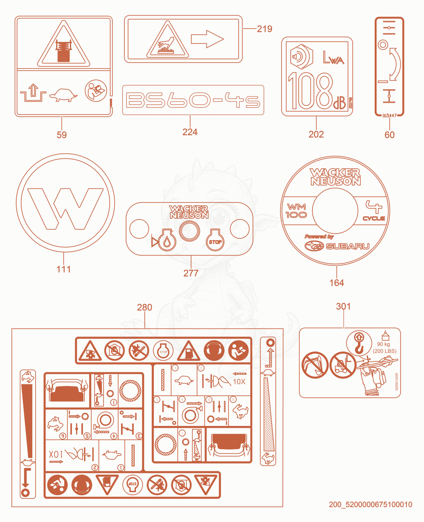 Despiece del Labels de una máquina Wacker Neuson BS60-4S, con globos numerados