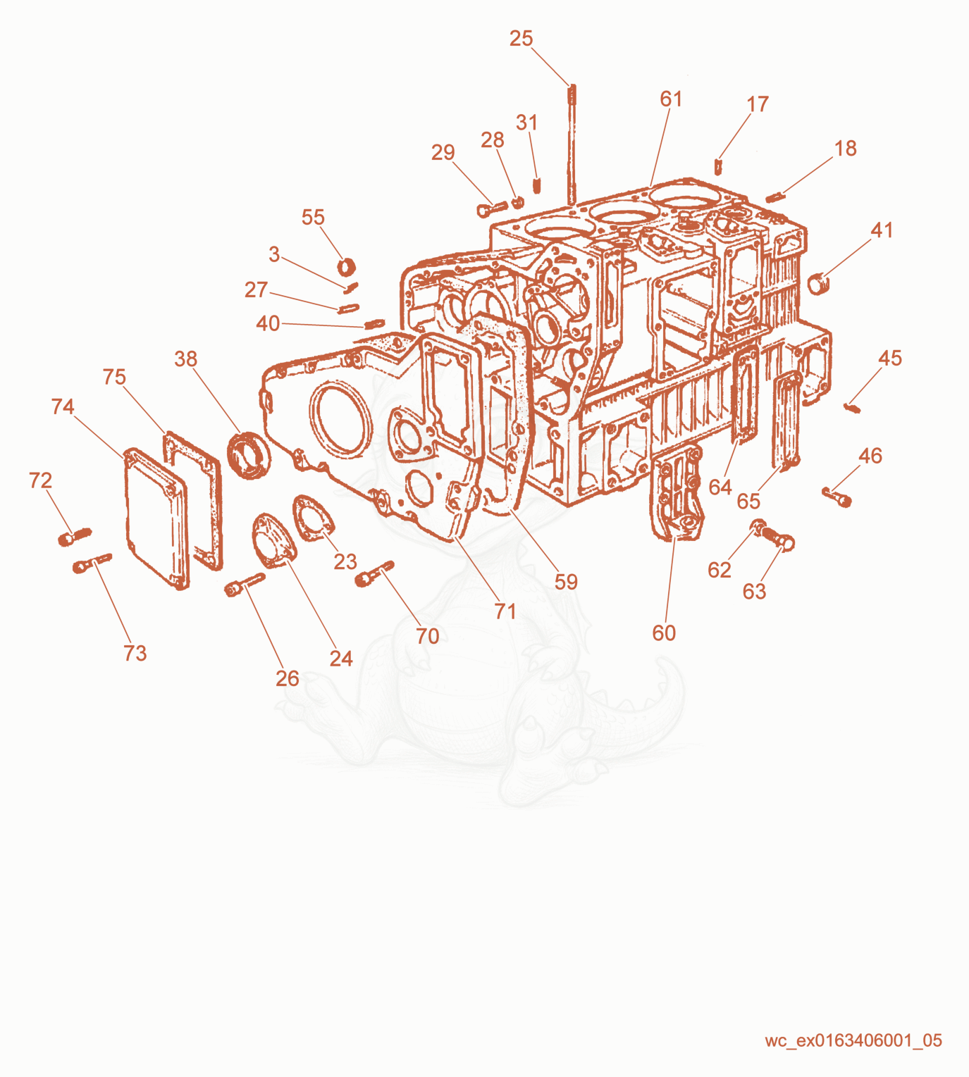 Exploded parts diagram of the Crankcase/Cover/Mounts of a Wacker Neuson PT6LS, with numbered balloons