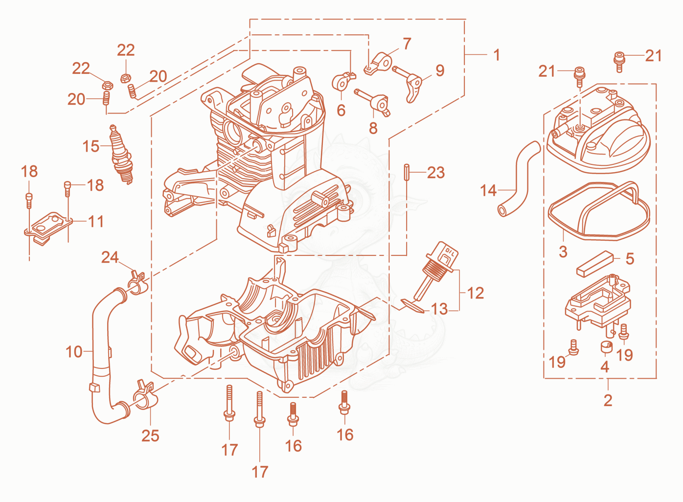 Exploded parts diagram of the Crankcase of a Wacker Neuson P35A, with numbered balloons