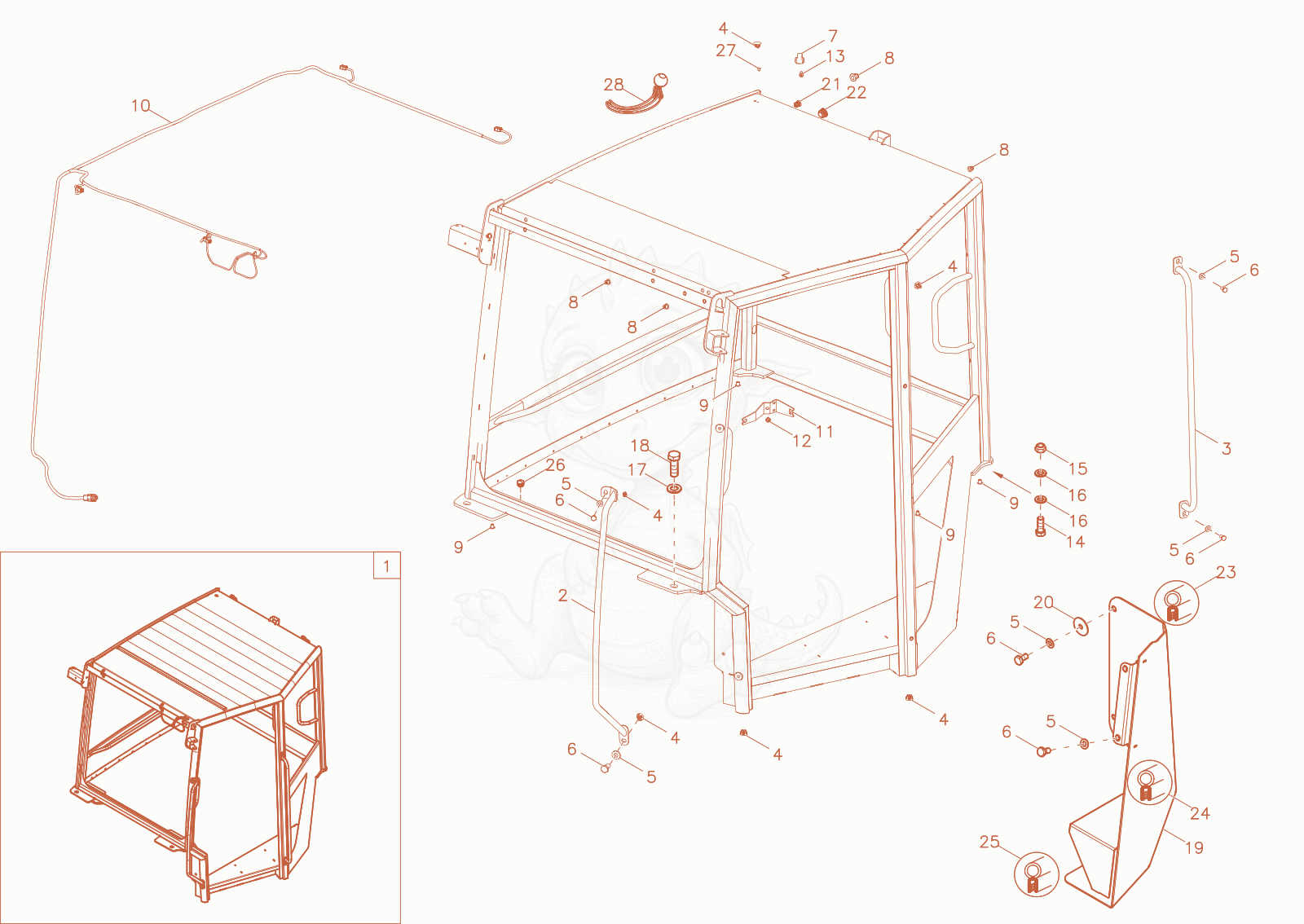 Exploded parts diagram of the CABIN FRAME (OPTION) of a Wacker Neuson DV60-2, with numbered balloons