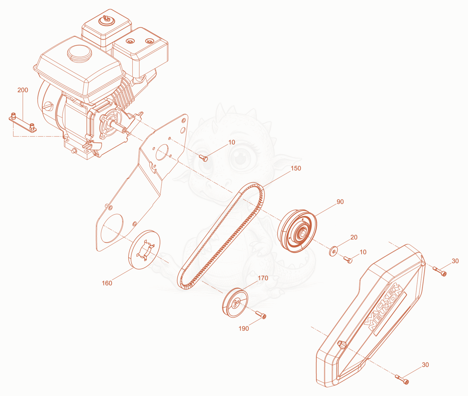 Despiece del Drive System gas basis de una máquina Wacker Neuson XPSKMAT, con globos numerados