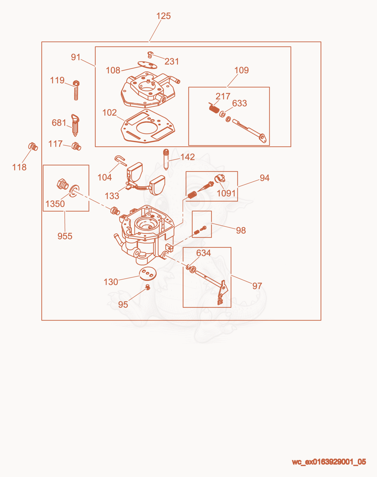 Exploded parts diagram of the Carburetor of a Wacker Neuson PTS4V, with numbered balloons