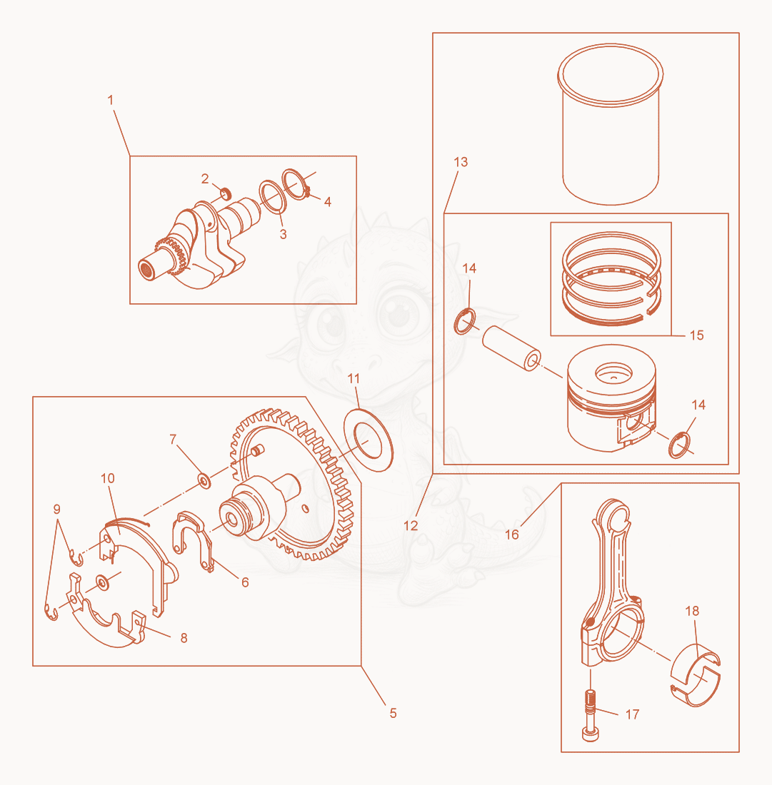 Despiece del Crankshaft-Camshaft-Piston de una máquina Wacker Neuson DPS1850HASPHALT, con globos numerados