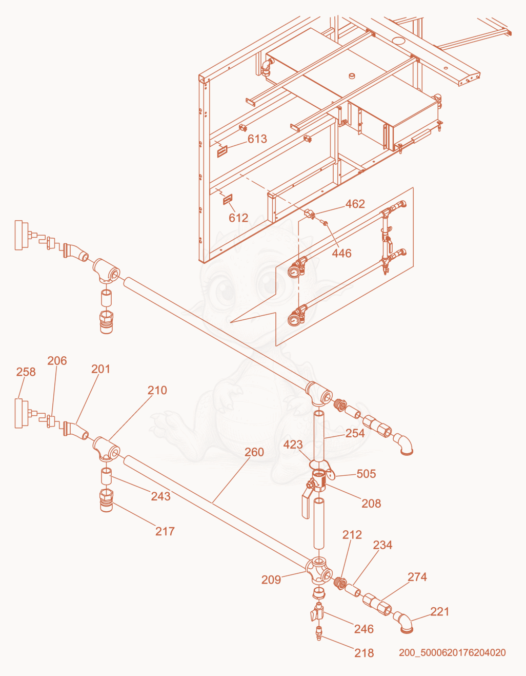 Exploded parts diagram of the Hydronic Piping cpl.-PG 2 of a Wacker Neuson E3000ES, with numbered balloons
