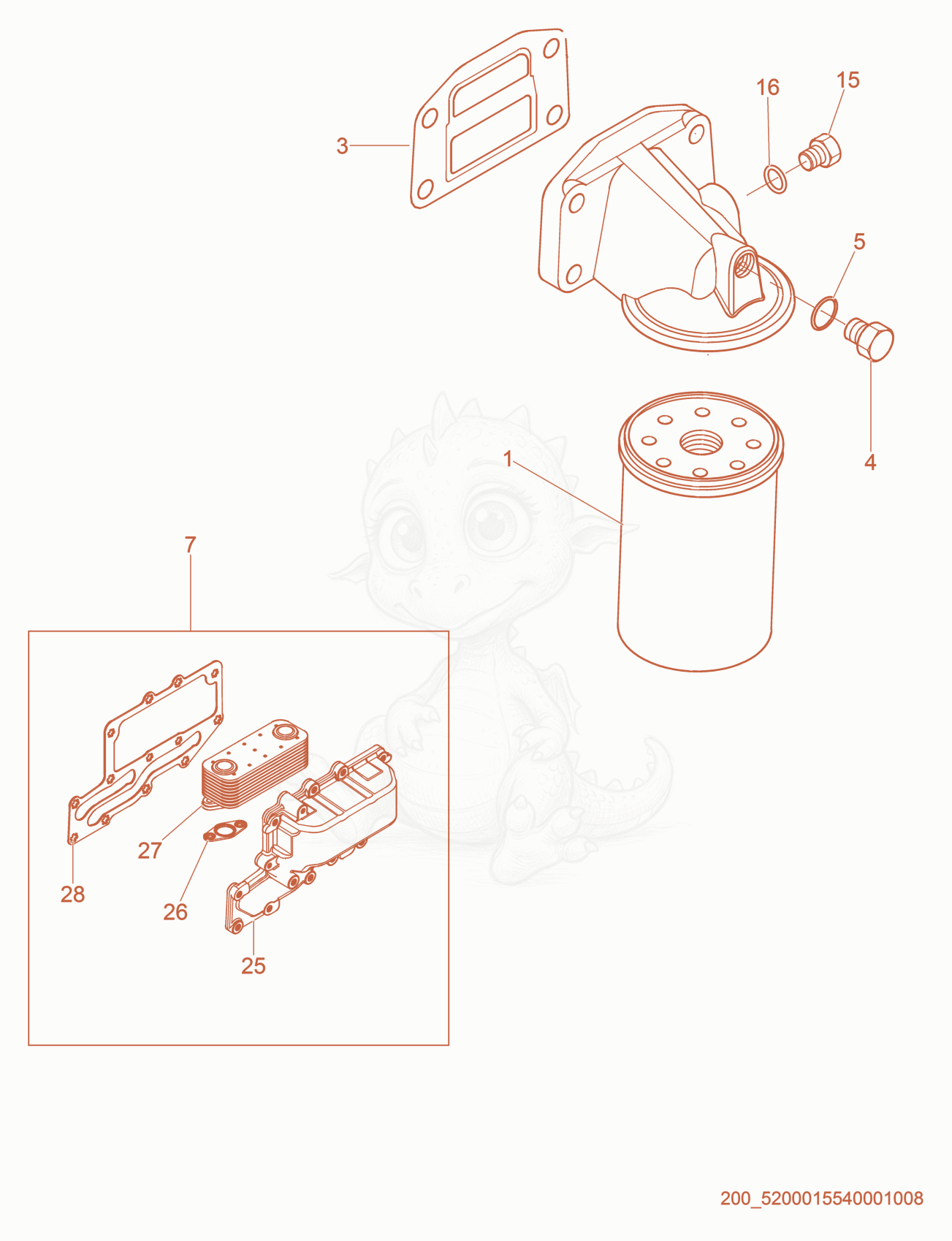 Despiece del Oil Cooler / Filter de una máquina Wacker Neuson G95, con globos numerados
