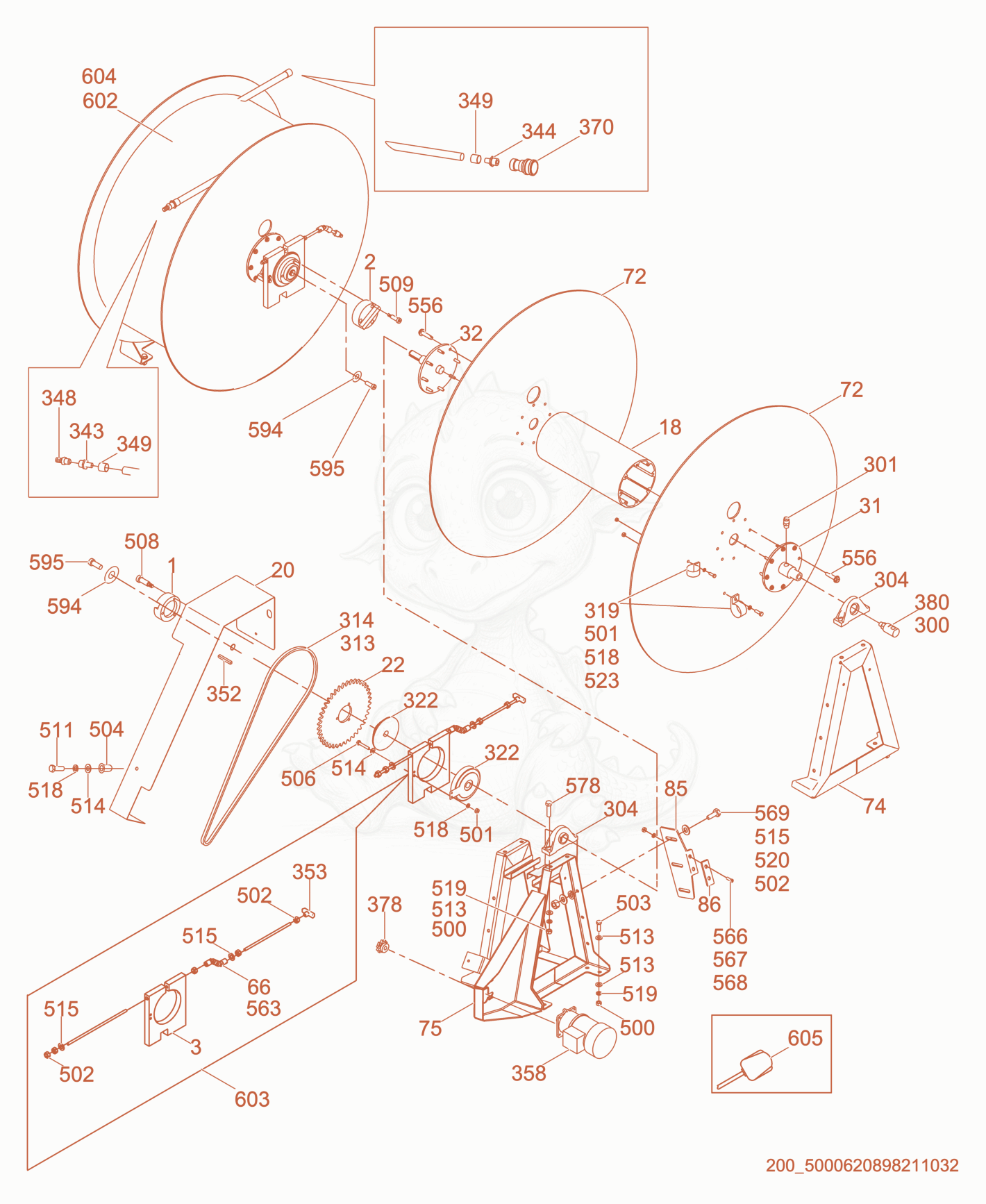 Exploded parts diagram of the Reel cpl. of a Wacker Neuson E5000, with numbered balloons
